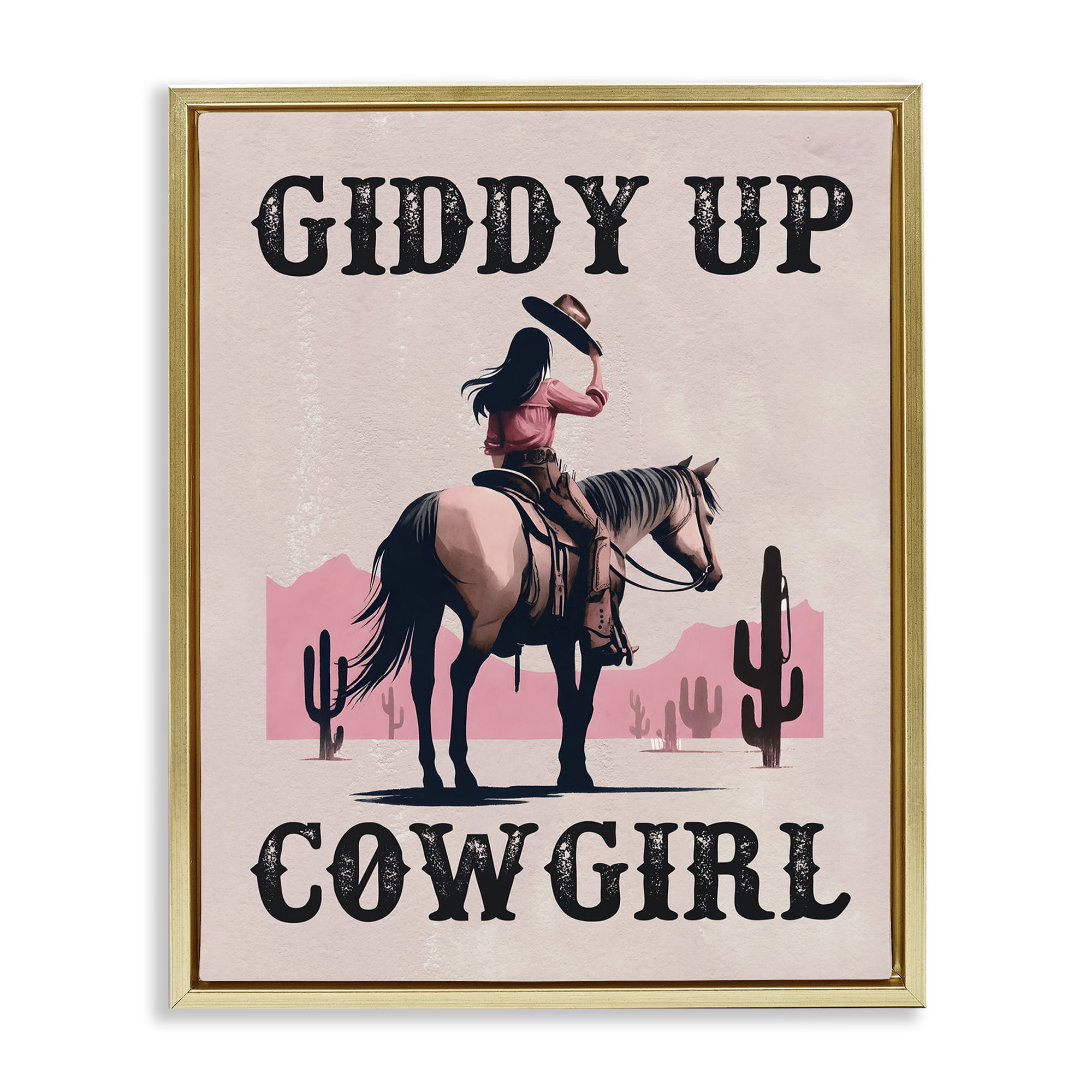 Stupell Industries Giddy Up Brunette Cowgirl People Painting Gold Floater Framed Canvas Art Print Wall Art, 17 x 21