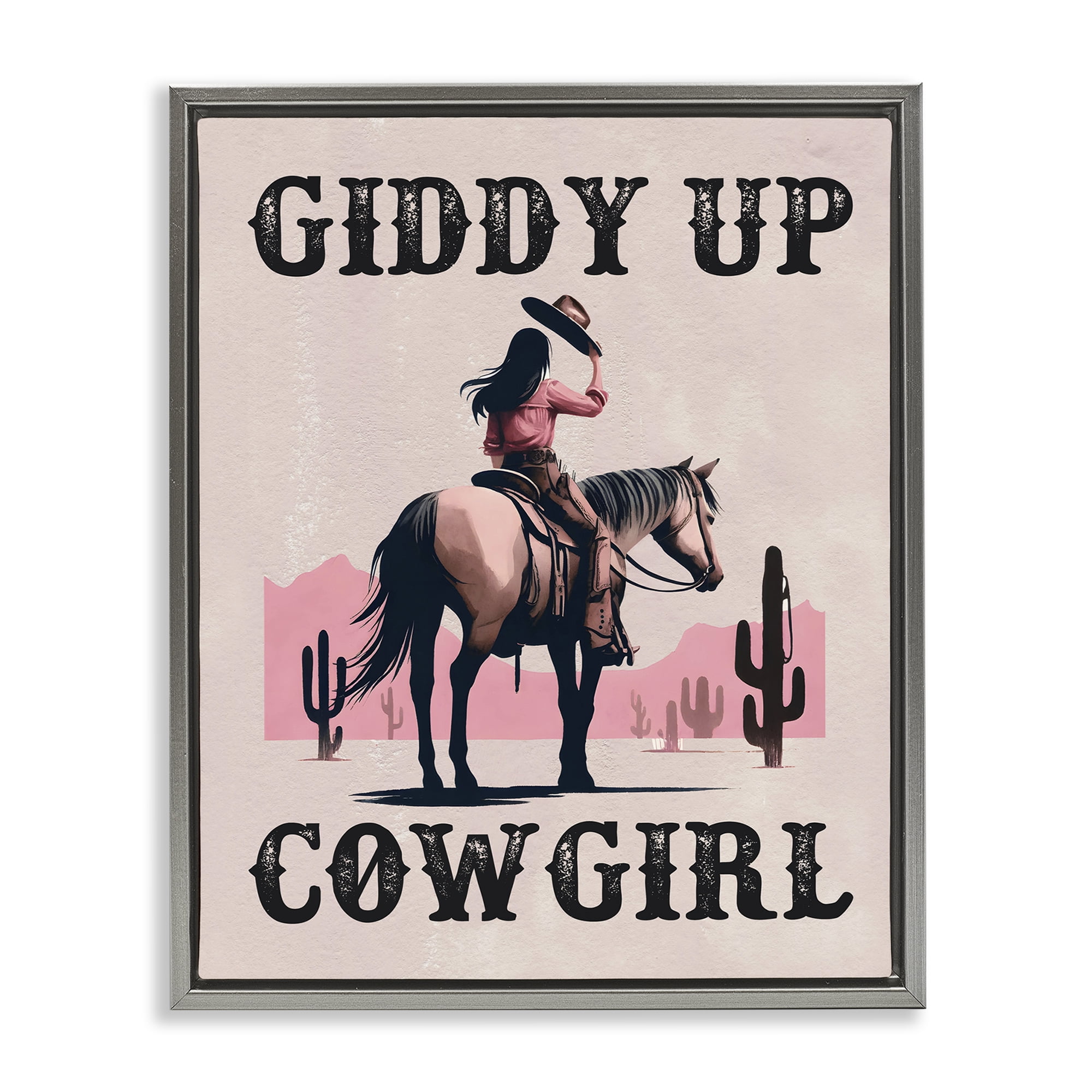 Stupell Industries Giddy Up Brunette Cowgirl People Painting Gray Floater Framed Canvas Art Print Wall Art, 17 x 21