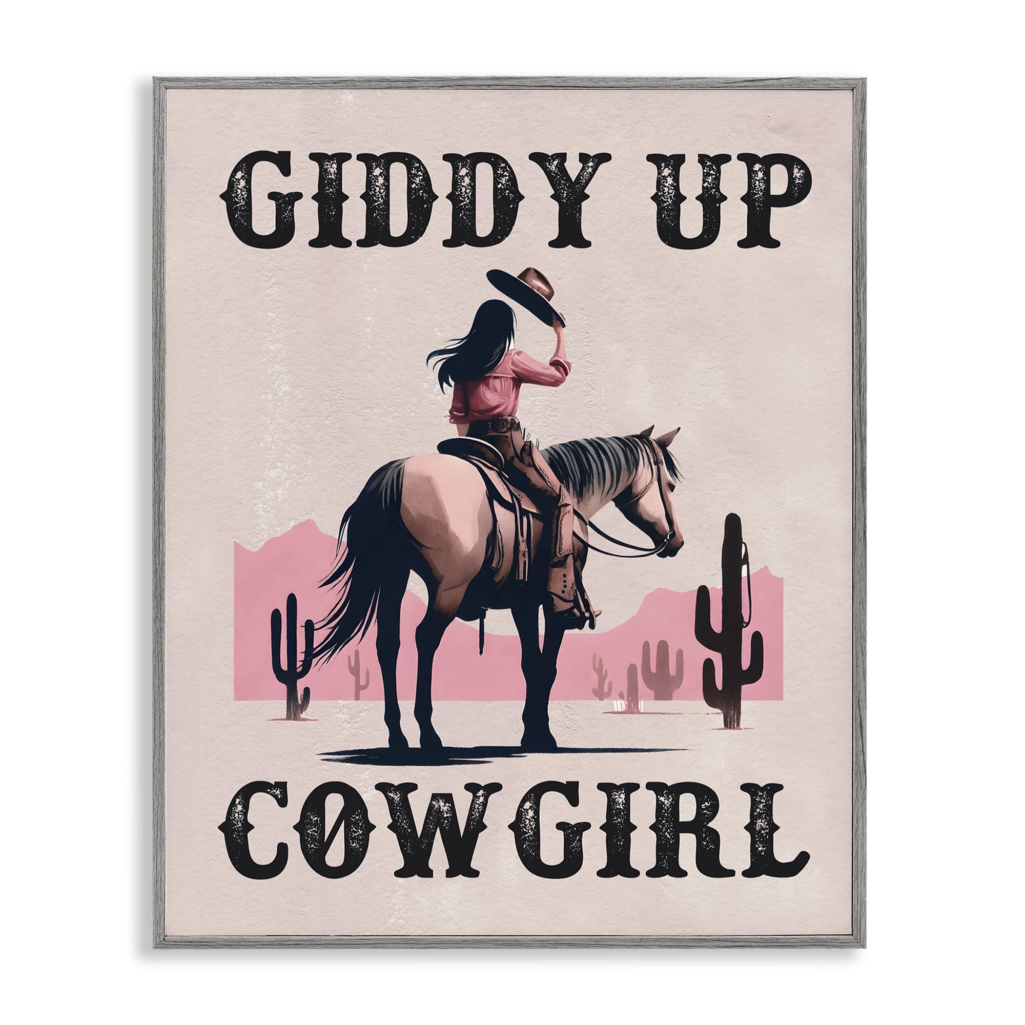 Stupell Industries Giddy Up Brunette Cowgirl People Painting Gray Framed Art Print Wall Art, 16 x 20