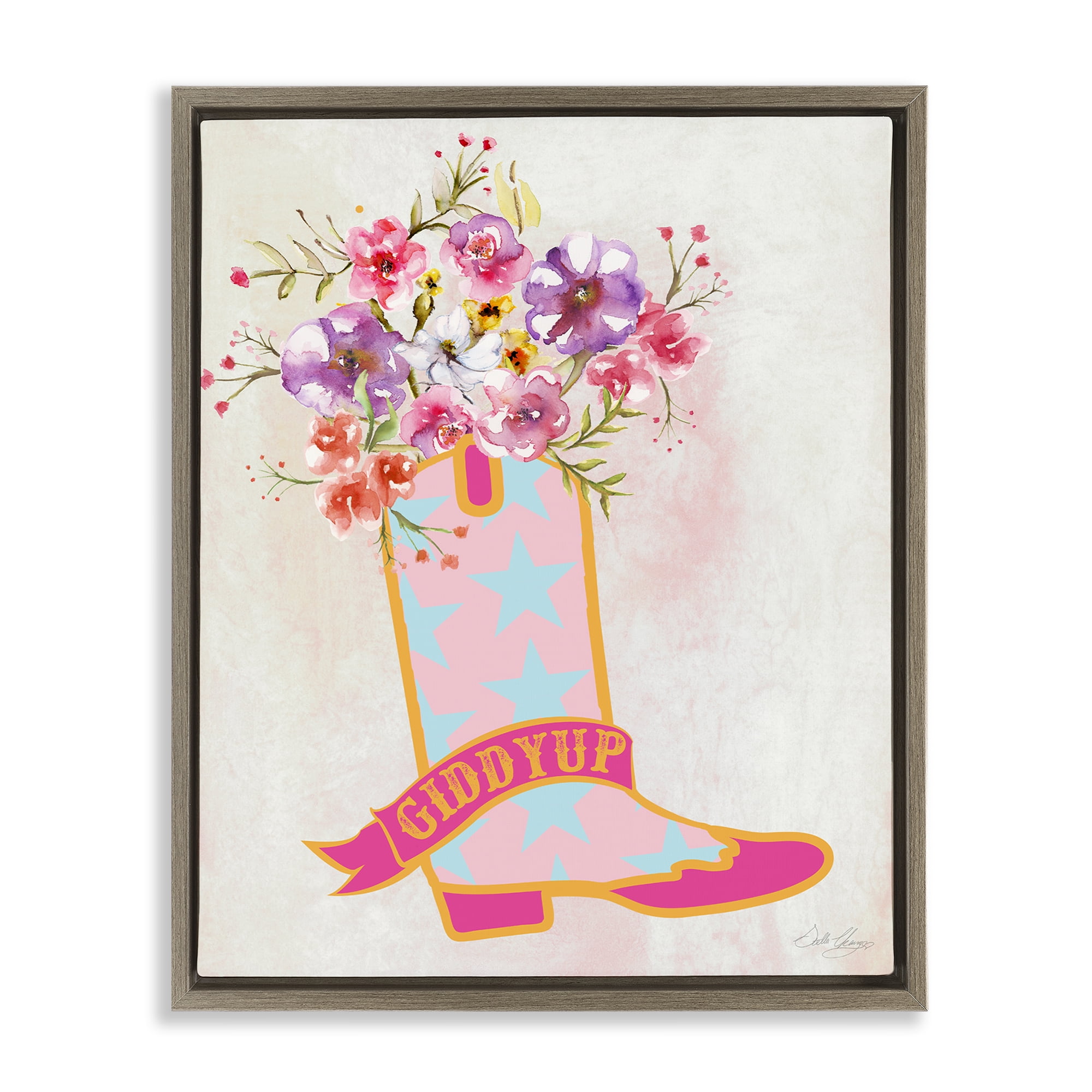 Stupell Industries Giddy Up Floral Cowgirl Plants & Flowers Painting Brown Floater Framed Canvas Art Print Wall Art, 25 x 31