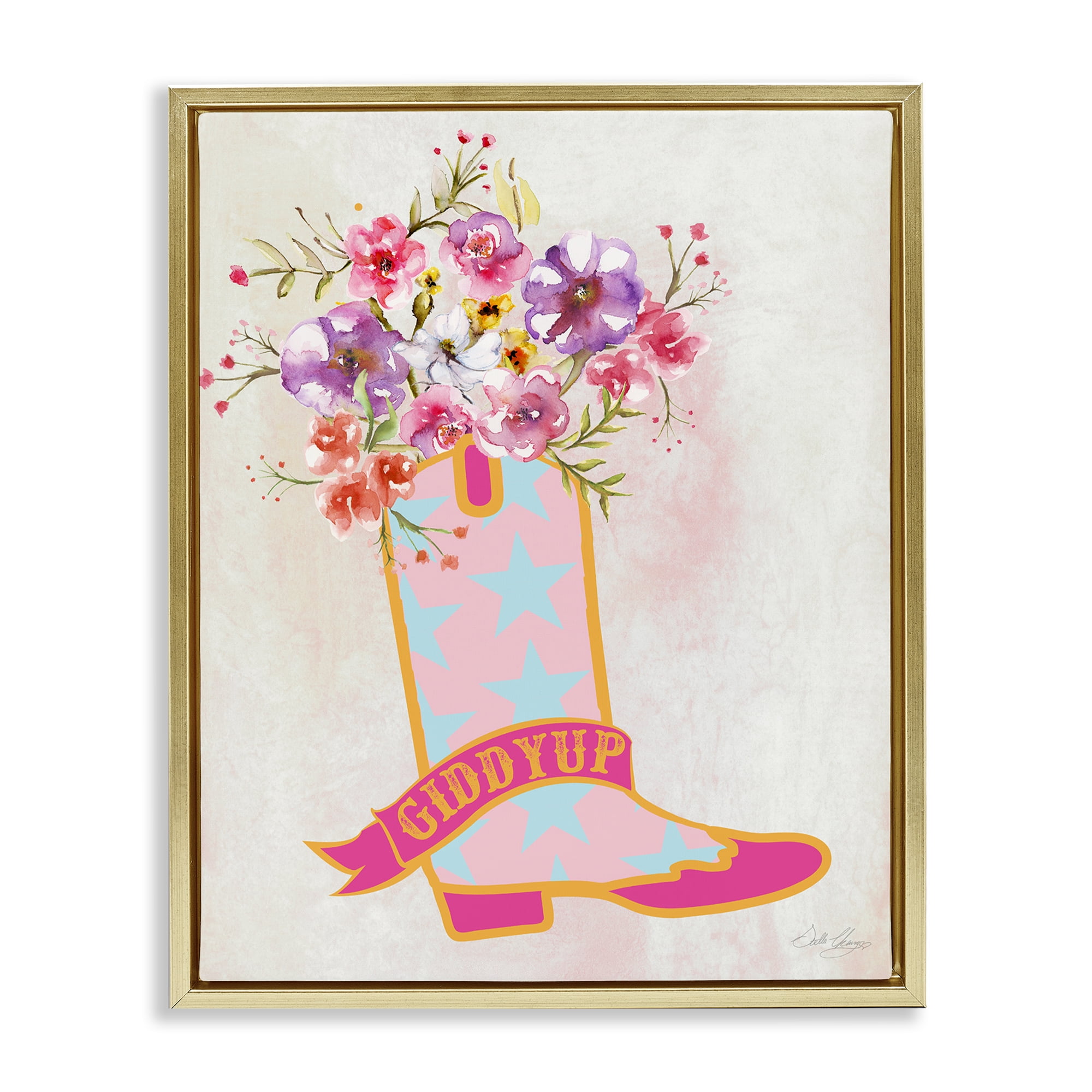Stupell Industries Giddy Up Floral Cowgirl Plants & Flowers Painting Gold Floater Framed Canvas Art Print Wall Art, 25 x 31