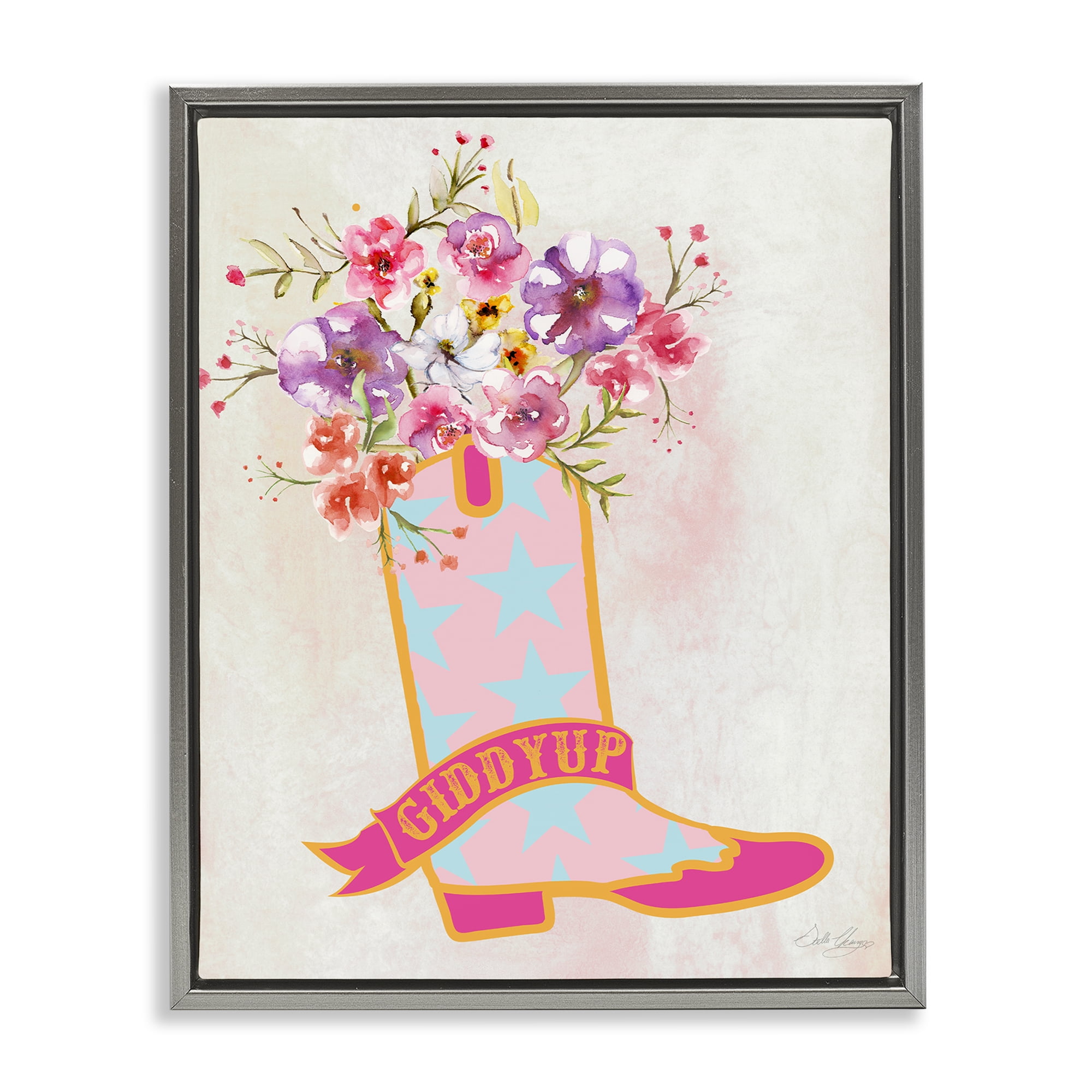 Stupell Industries Giddy Up Floral Cowgirl Plants & Flowers Painting Gray Floater Framed Canvas Art Print Wall Art, 25 x 31