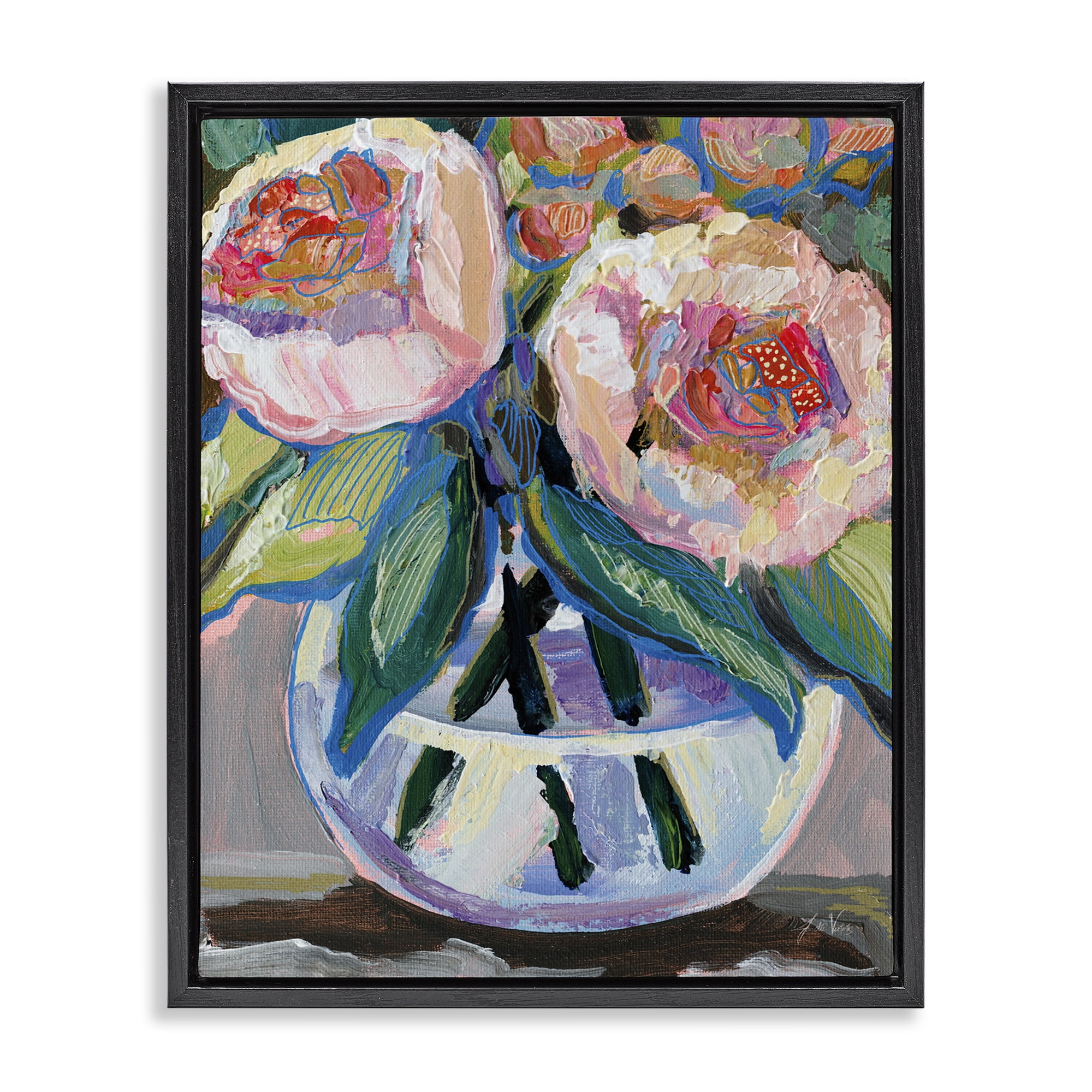 Stupell Industries Gifted Pink Peonies Plants & Flowers Painting Black Floater Framed Canvas Art Print Wall Art, 25 x 31