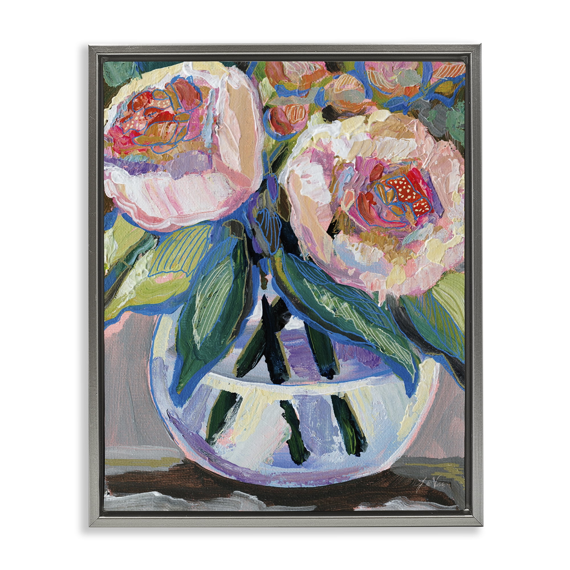 Stupell Industries Gifted Pink Peonies Plants & Flowers Painting Gray Floater Framed Canvas Art Print Wall Art, 17 x 21
