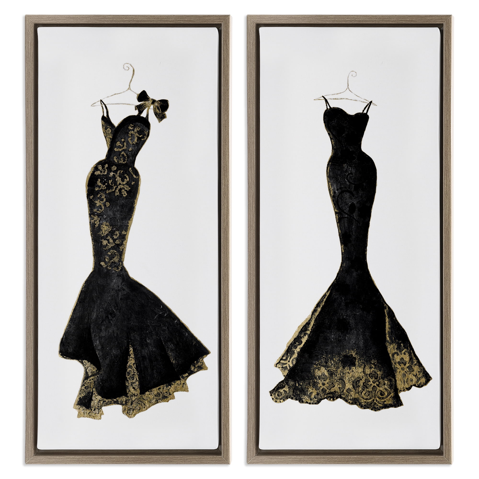 Stupell Industries Gilded Black Evening Gowns 2 Piece Brown Framed Floater Canvas Set, design by Janet Tava
