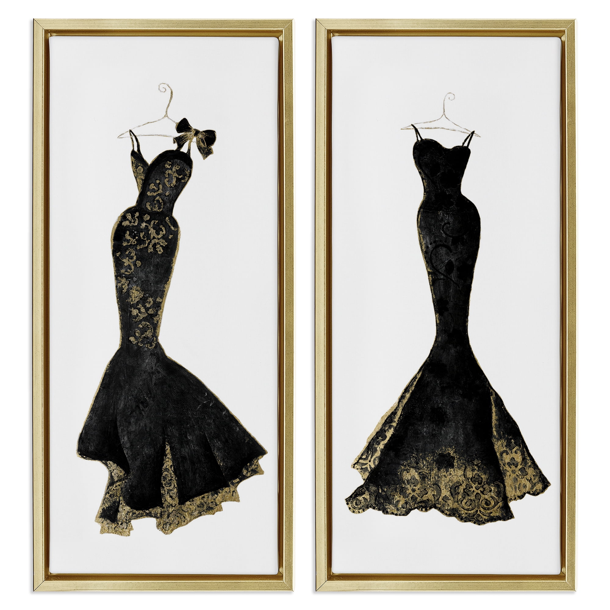 Stupell Industries Gilded Black Evening Gowns 2 Piece Gold Framed Floater Canvas Set, design by Janet Tava