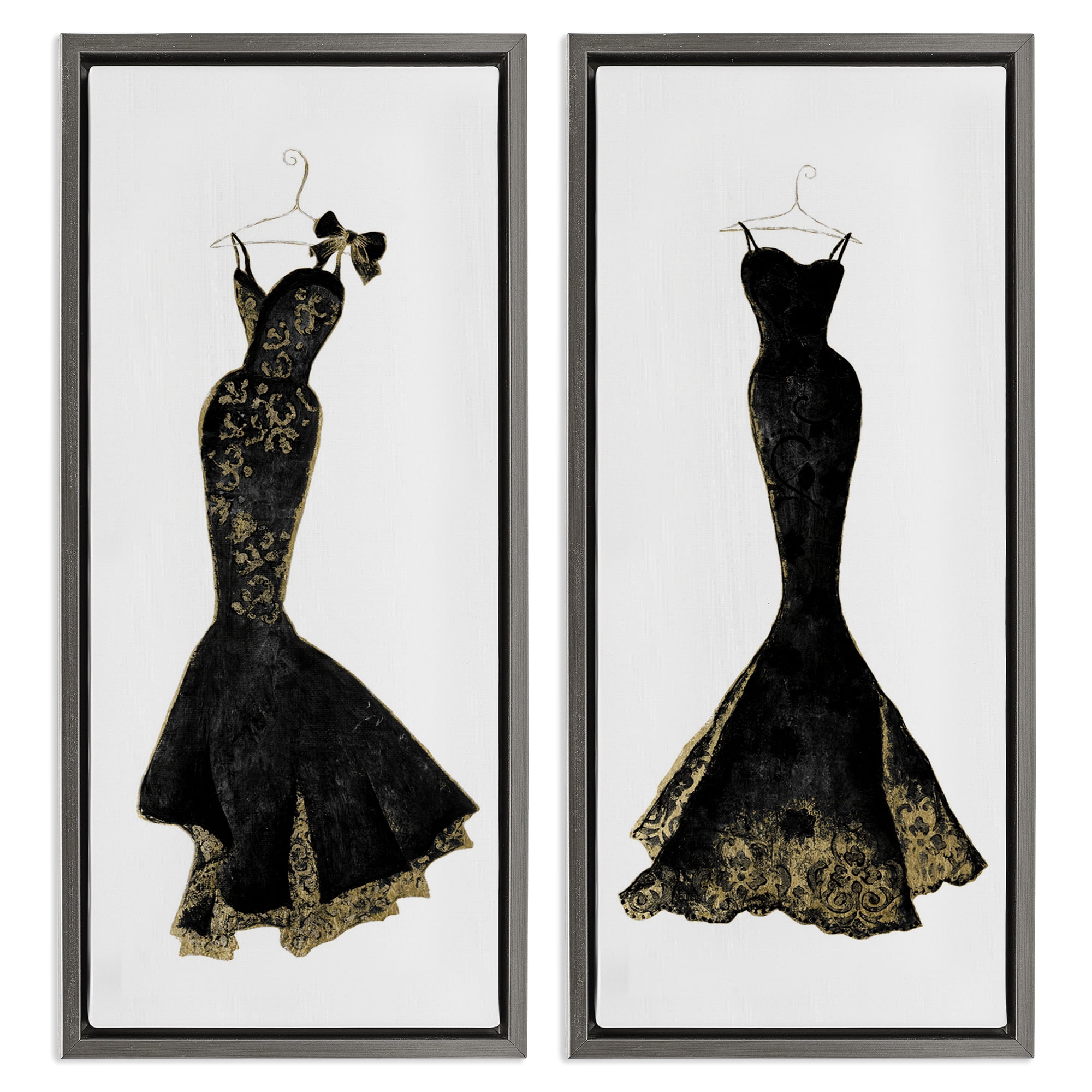 Stupell Industries Gilded Black Evening Gowns 2 Piece Gray Framed Floater Canvas Set, design by Janet Tava
