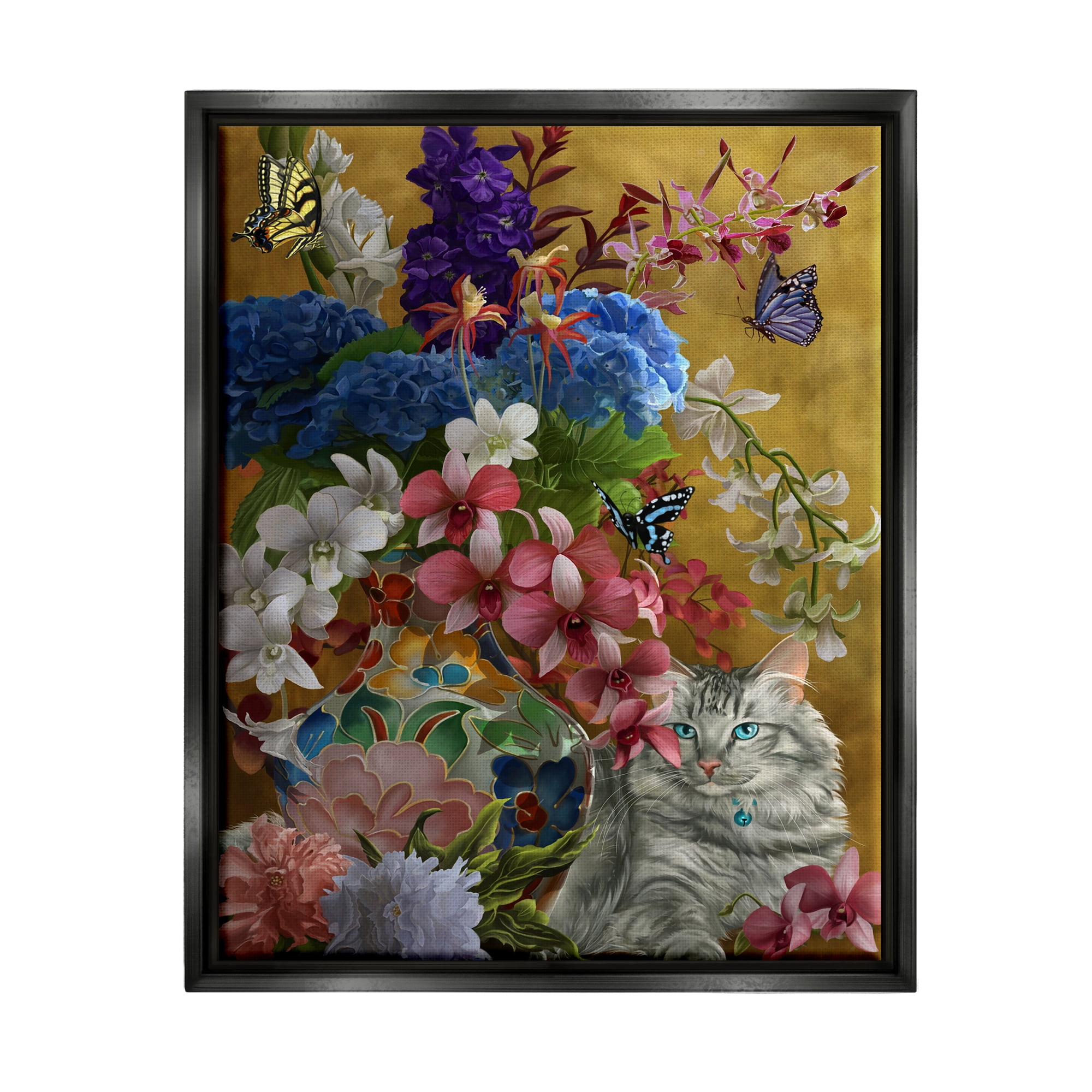 Stupell Industries Gilded Cat & Flowers Botanical & Floral Painting Black Floater Framed Canvas Art Print Wall Art, 17 x 21