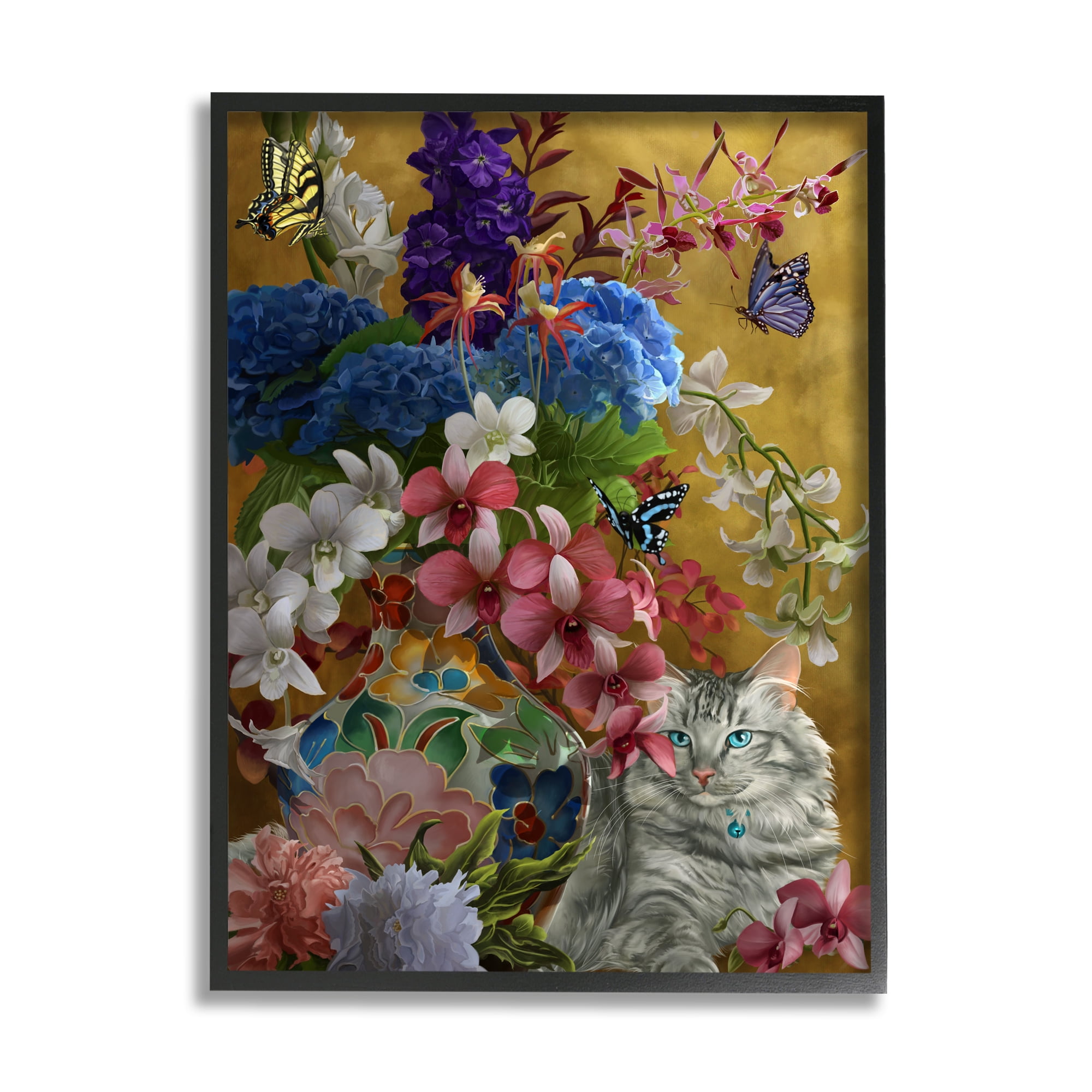 Stupell Industries Gilded Cat & Flowers Botanical & Floral Painting Black Framed Art Print Wall Art, 16 x 20
