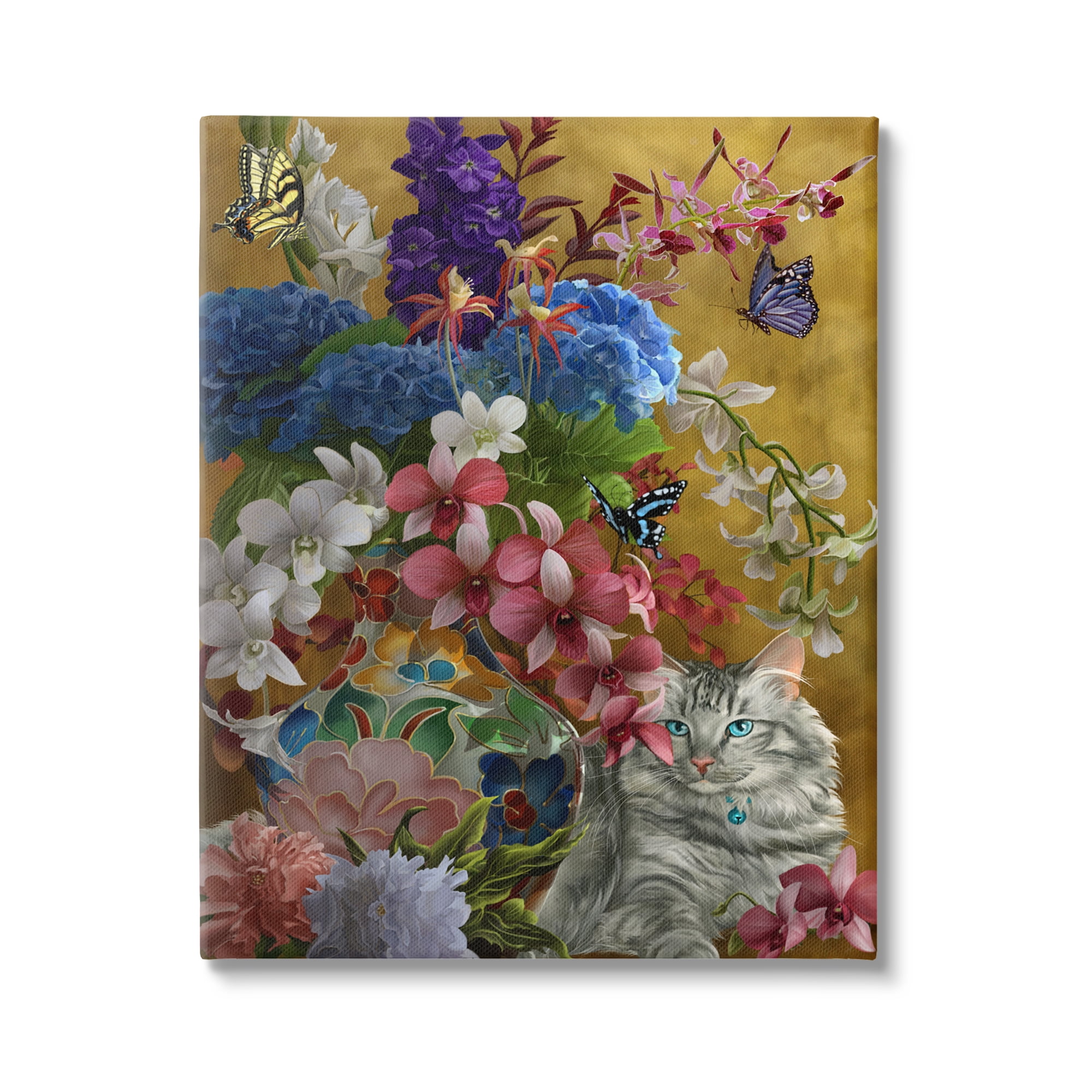 Stupell Industries Gilded Cat & Flowers Botanical & Floral Painting Gallery Wrapped Canvas Art Print Wall Art, 24 x 30