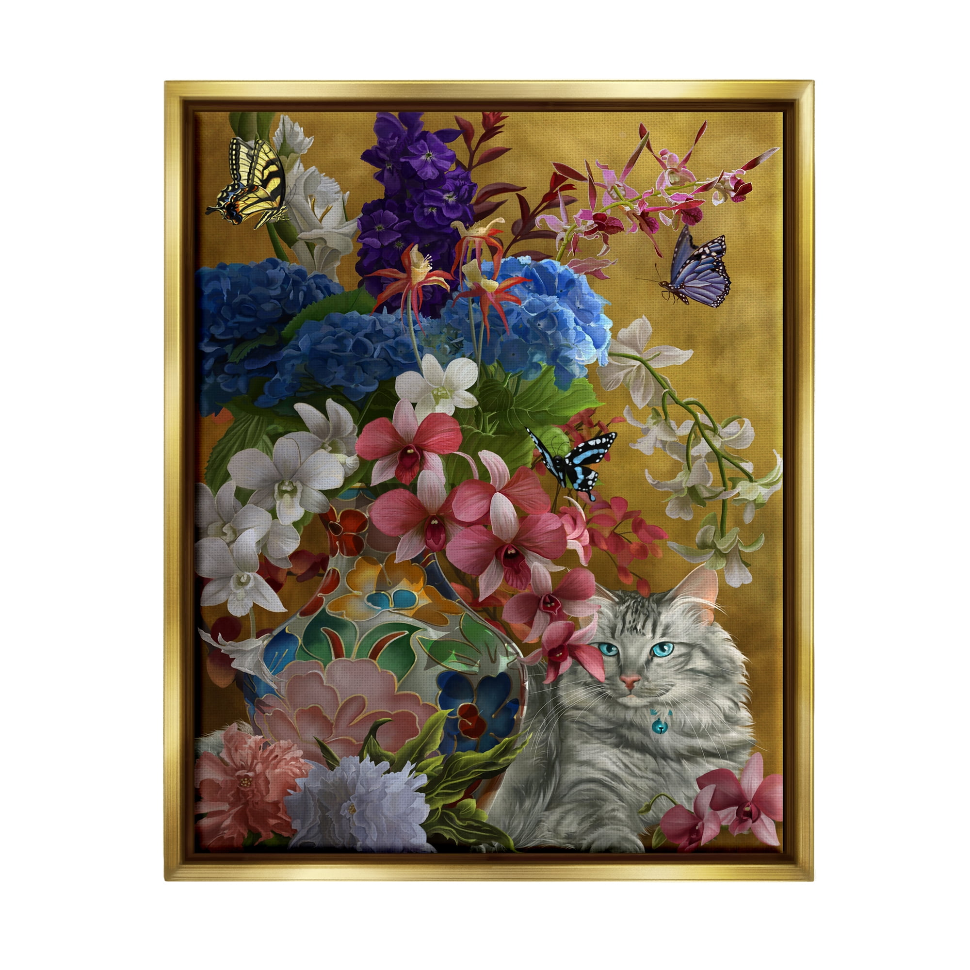 Stupell Industries Gilded Cat & Flowers Botanical & Floral Painting Gold Floater Framed Canvas Art Print Wall Art, 17 x 21