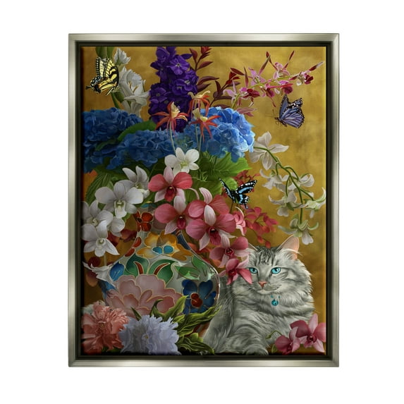 Stupell Industries Gilded Cat & Flowers Botanical & Floral Painting Gray Floater Framed Canvas Art Print Wall Art, 17 x 21