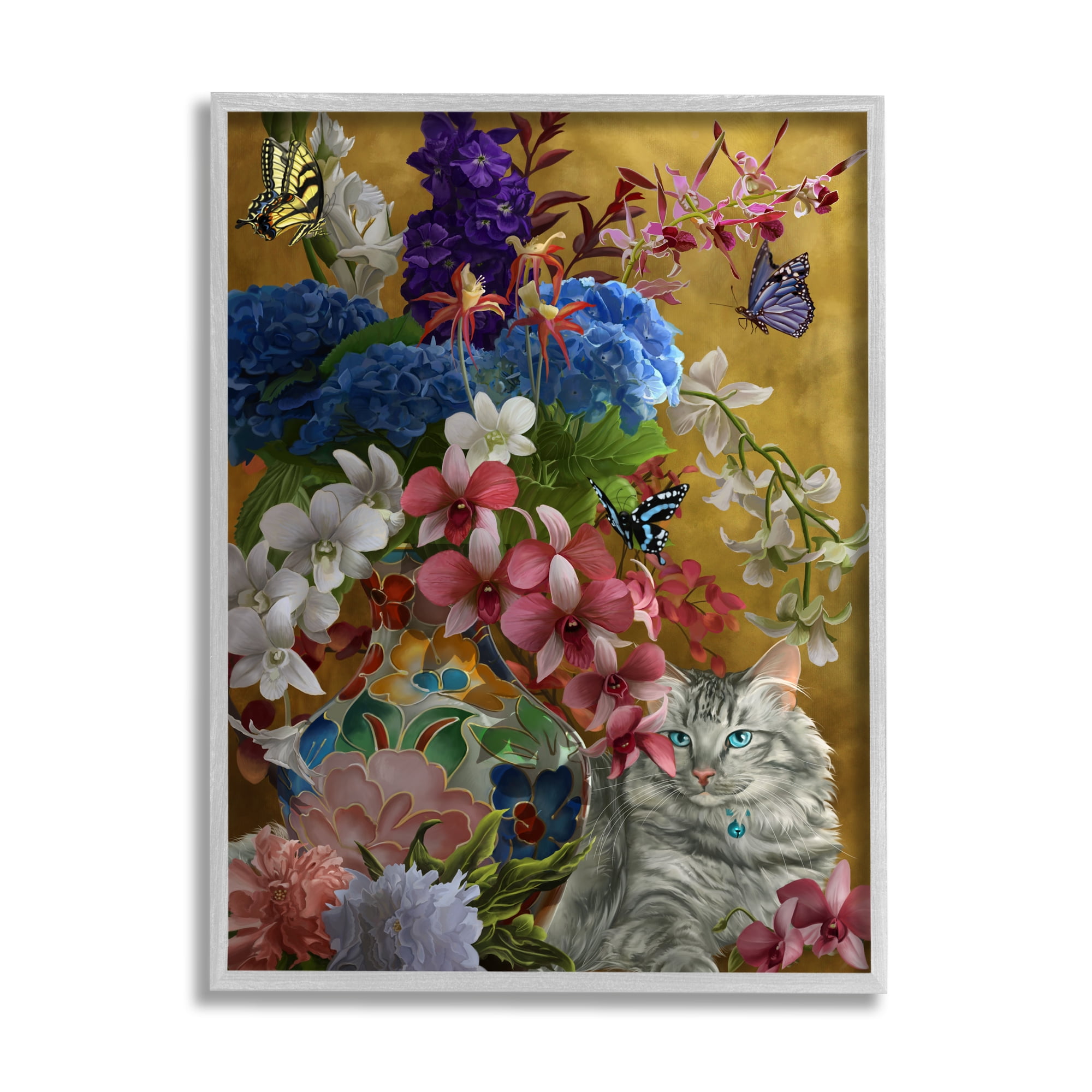 Stupell Industries Gilded Cat & Flowers Botanical & Floral Painting Gray Framed Art Print Wall Art, 24 x 30