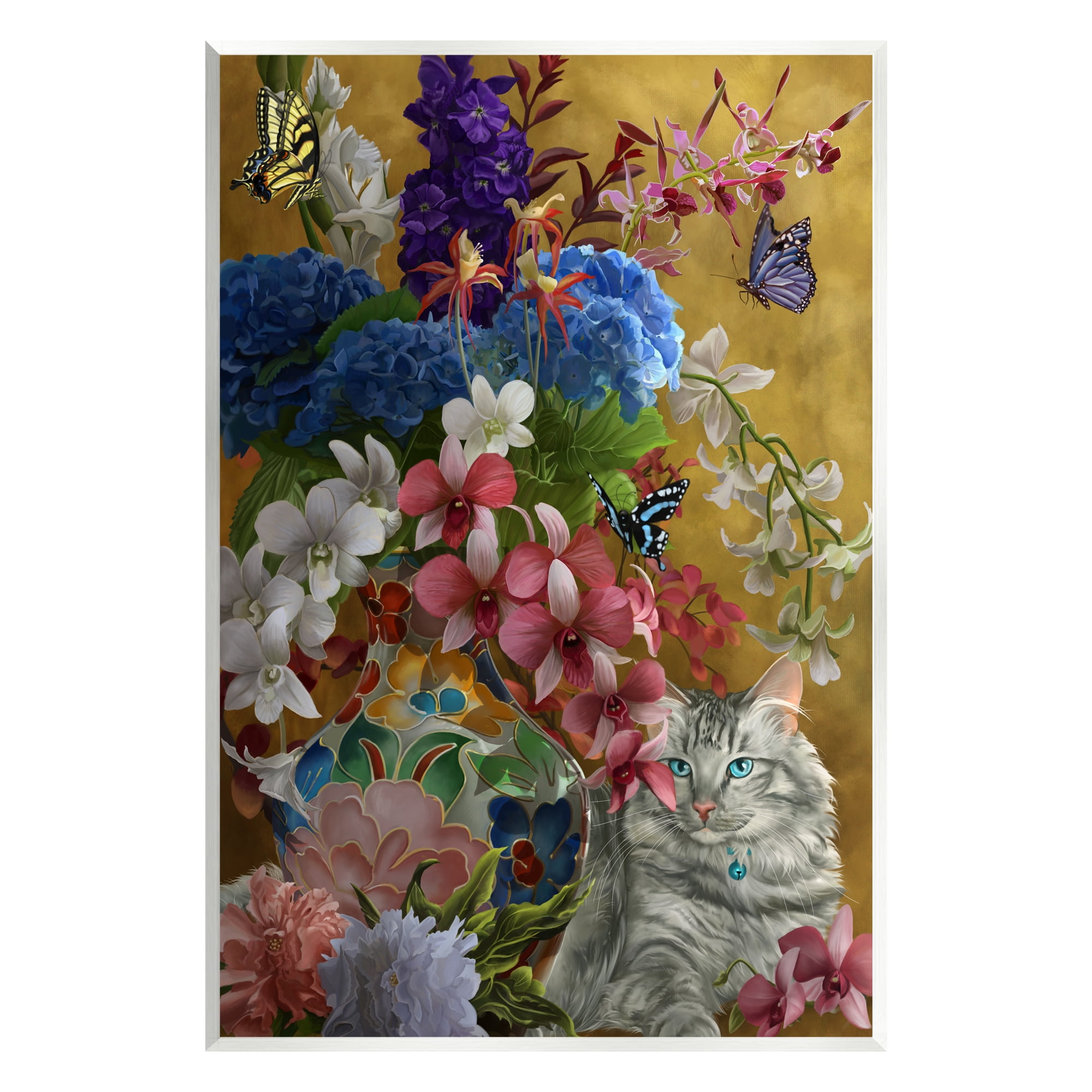 Stupell Industries Gilded Cat & Flowers Botanical & Floral Painting Unframed Art Print Wall Art, 13 x 19