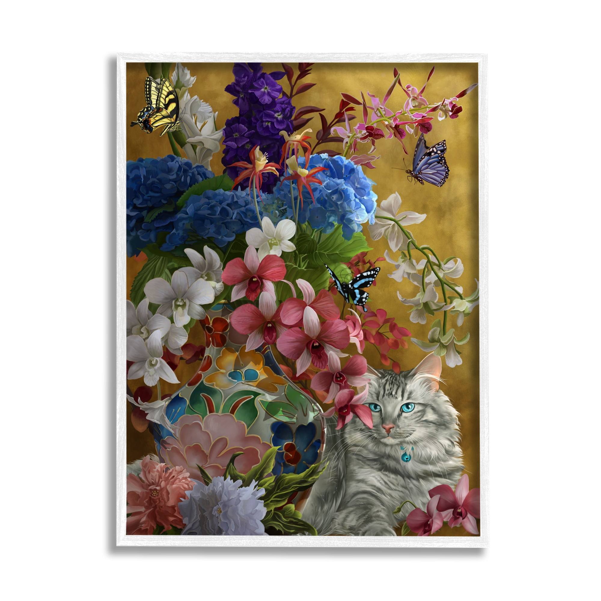 Stupell Industries Gilded Cat & Flowers Botanical & Floral Painting White Framed Art Print Wall Art, 24 x 30