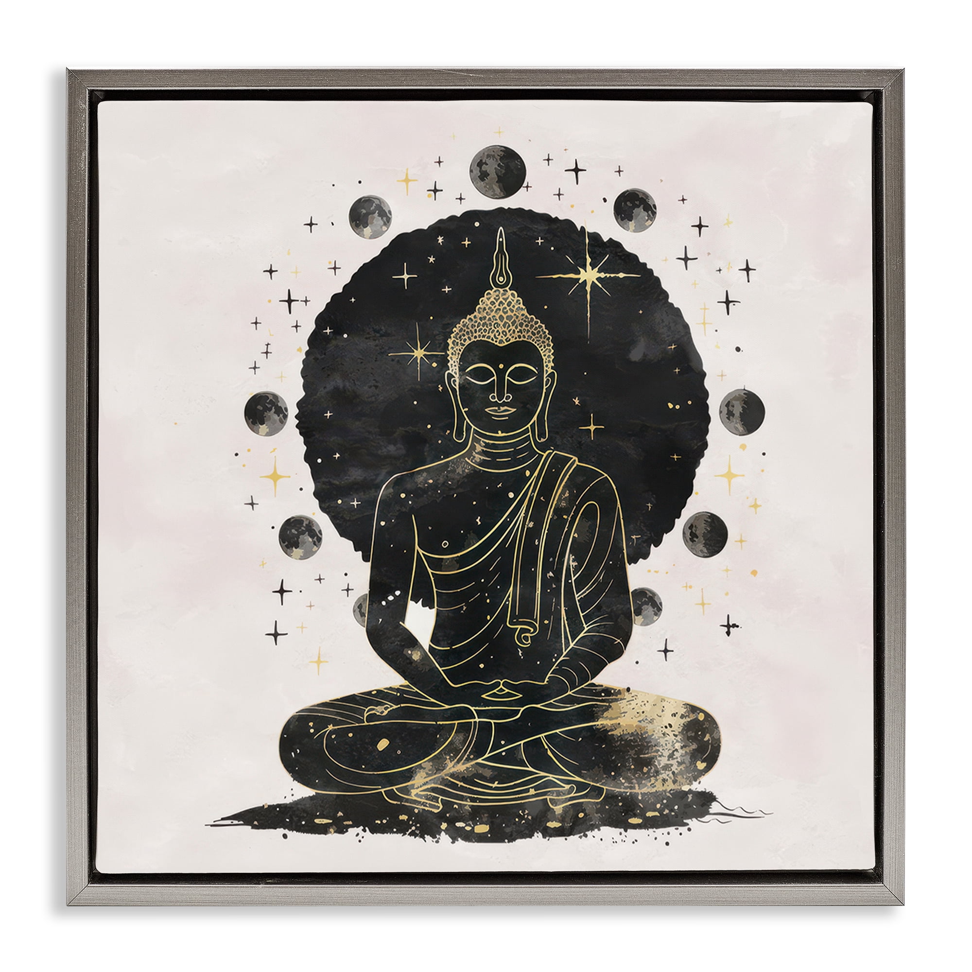 Stupell Industries Gilded Sitting Buddha Religious & Spiritual Painting Gray Floater Framed Canvas Art Print Wall Art, 18 x 18