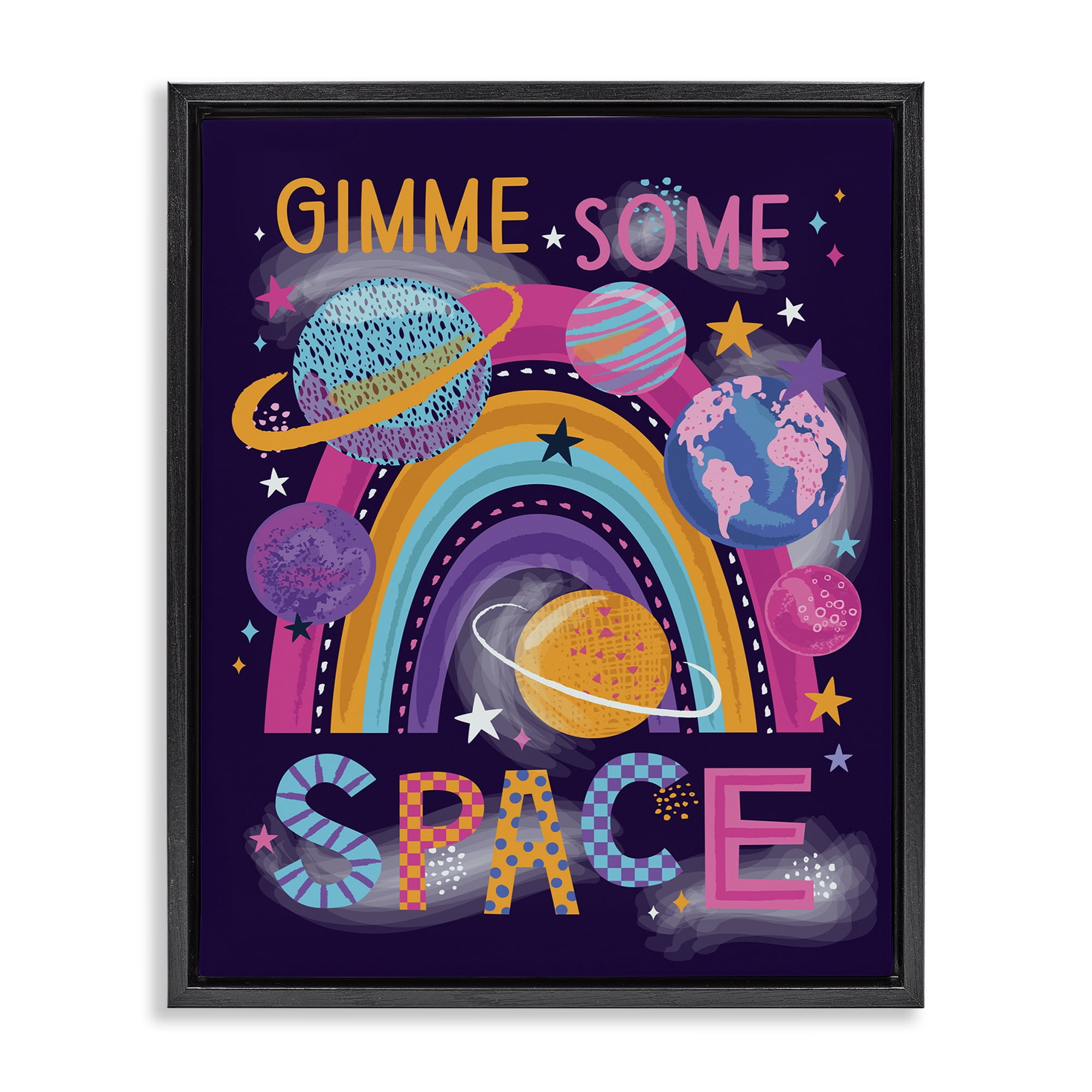 Stupell Industries Gimme Space Planets & Rainbow Astrology & Stars Painting Black Floater Framed Canvas Art Print Wall Art, 17 x 21