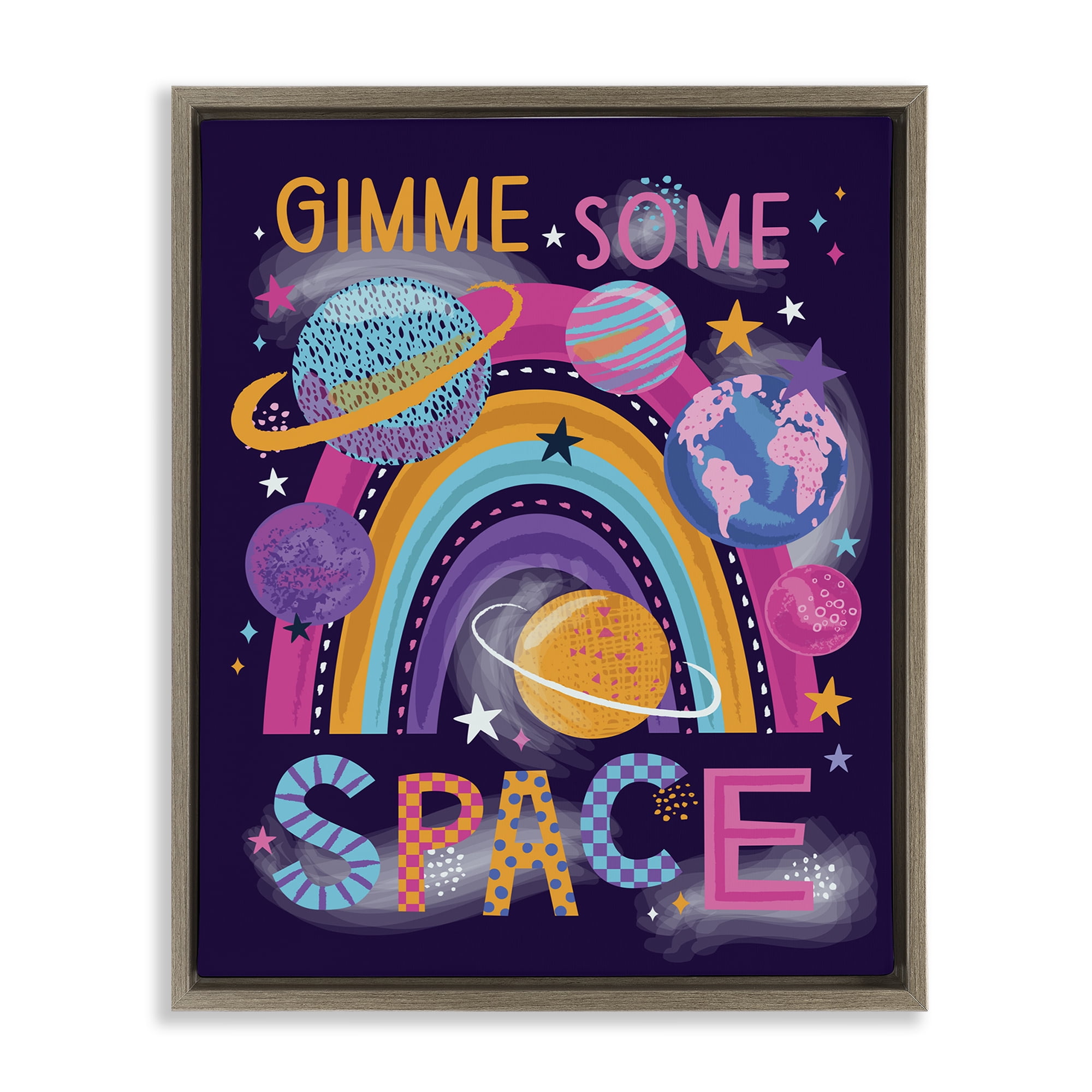 Stupell Industries Gimme Space Planets & Rainbow Astrology & Stars Painting Brown Floater Framed Canvas Art Print Wall Art, 25 x 31