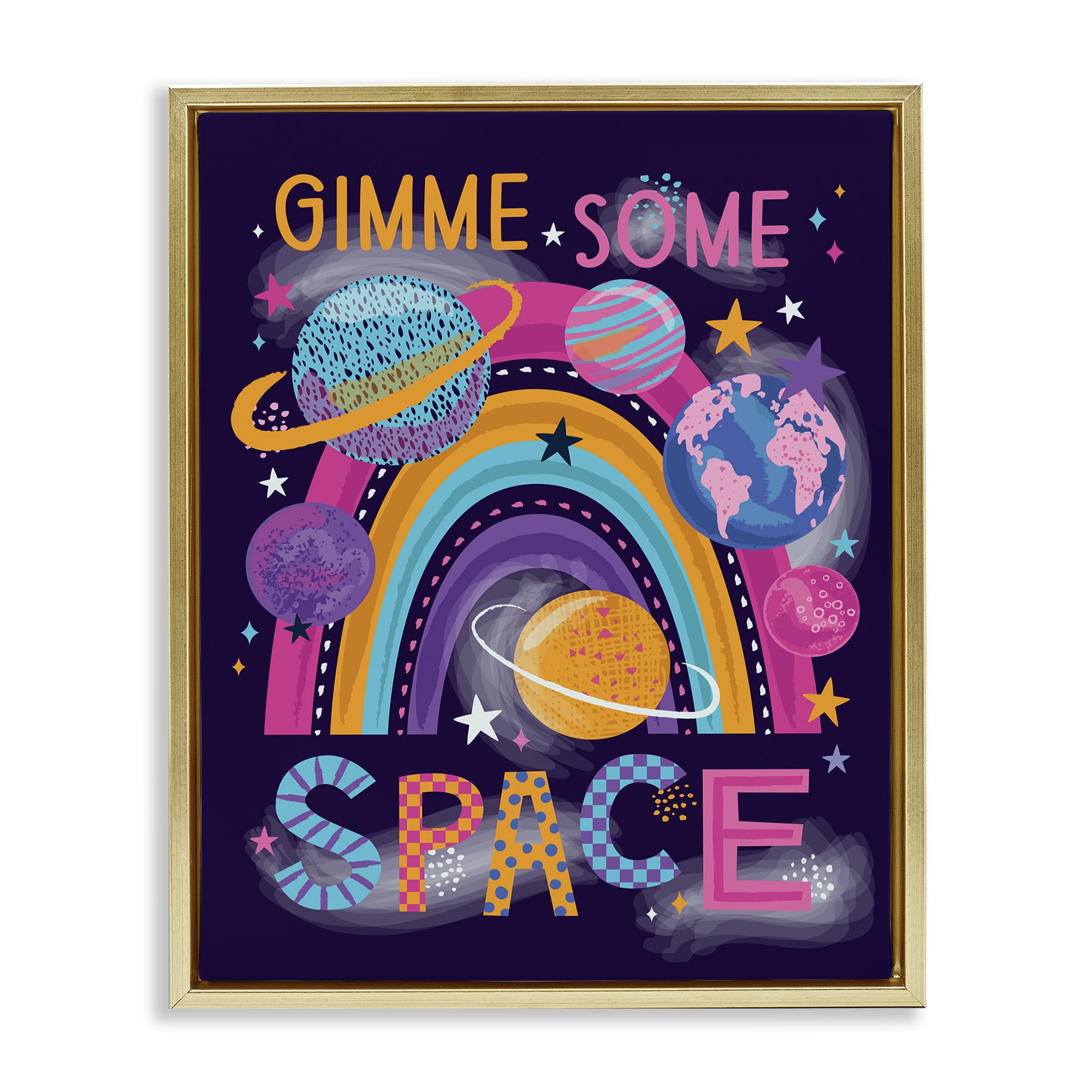 Stupell Industries Gimme Space Planets & Rainbow Astrology & Stars Painting Gold Floater Framed Canvas Art Print Wall Art, 17 x 21