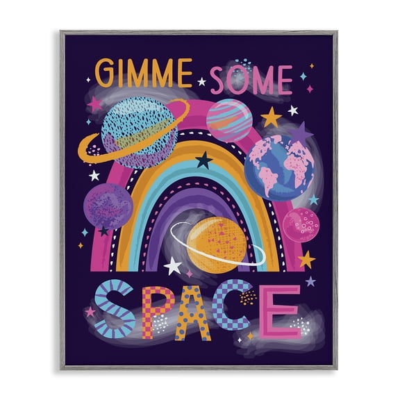 Stupell Industries Gimme Space Planets & Rainbow Astrology & Stars Painting Gray Framed Art Print Wall Art, 11 x 14