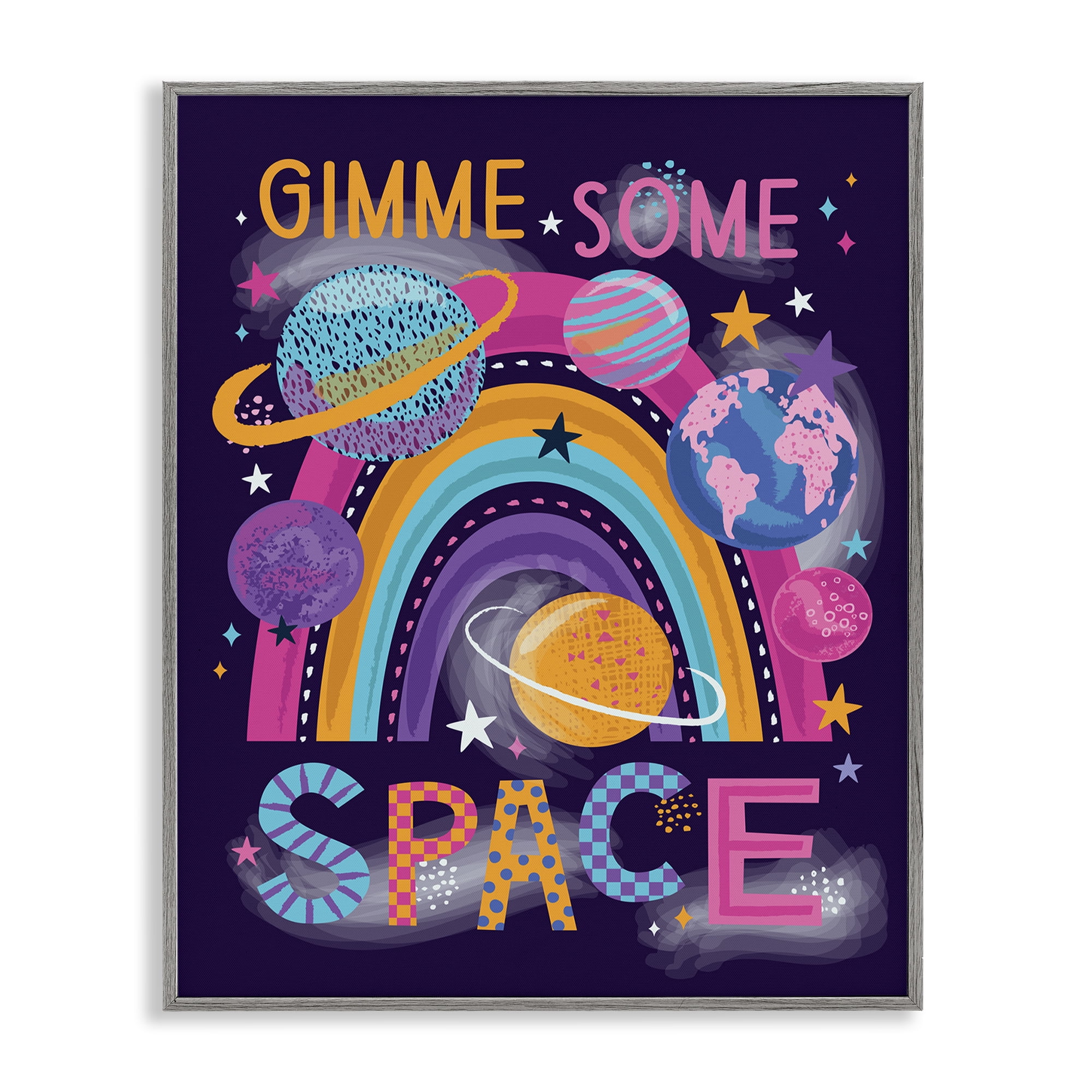 Stupell Industries Gimme Space Planets & Rainbow Astrology & Stars Painting Gray Framed Art Print Wall Art, 16 x 20