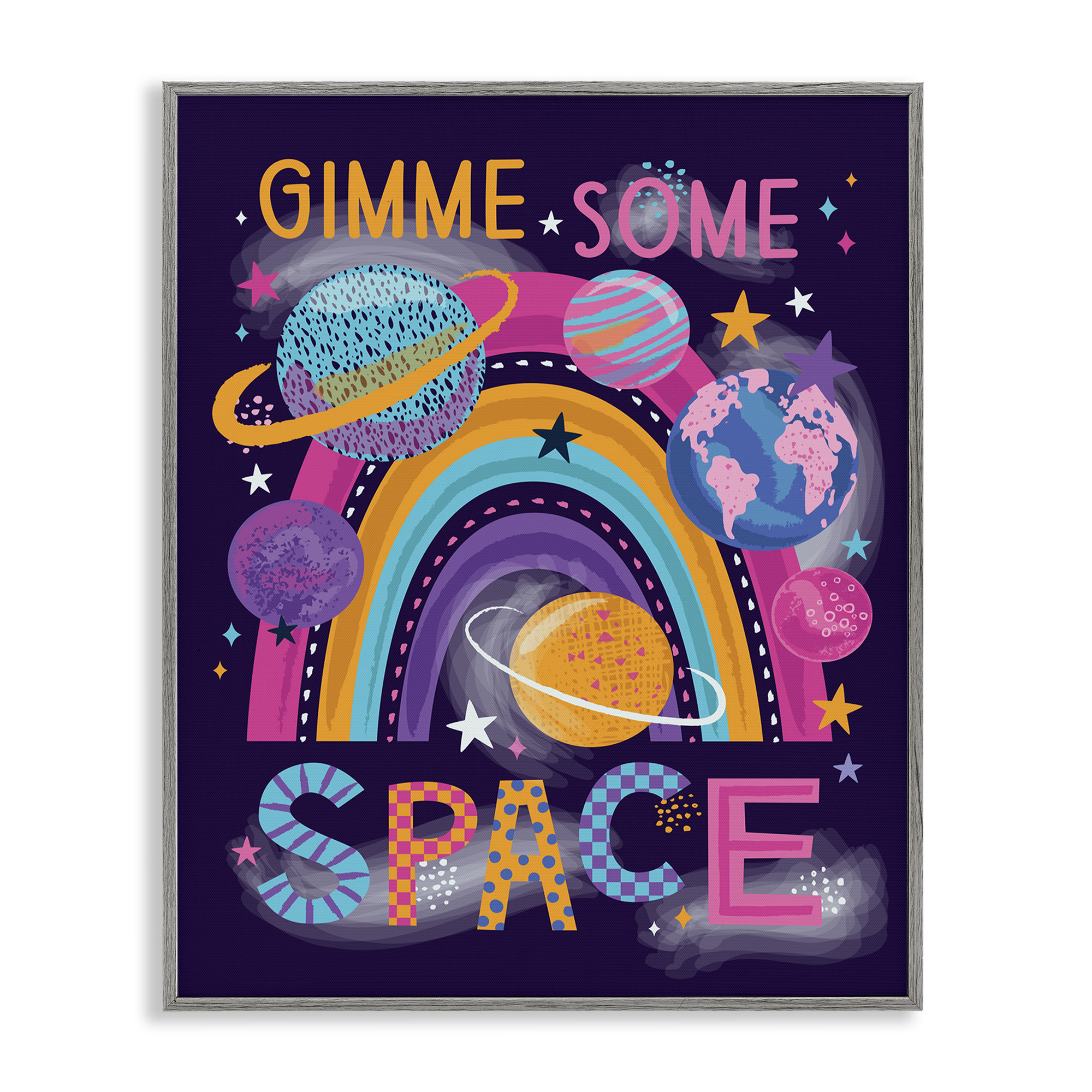 Stupell Industries Gimme Space Planets & Rainbow Astrology & Stars Painting Gray Framed Art Print Wall Art, 24 x 30