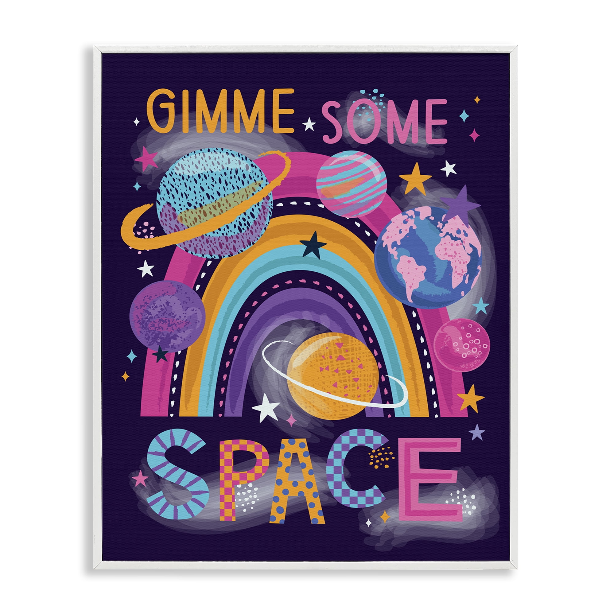 Stupell Industries Gimme Space Planets & Rainbow Astrology & Stars Painting White Framed Art Print Wall Art, 24 x 30