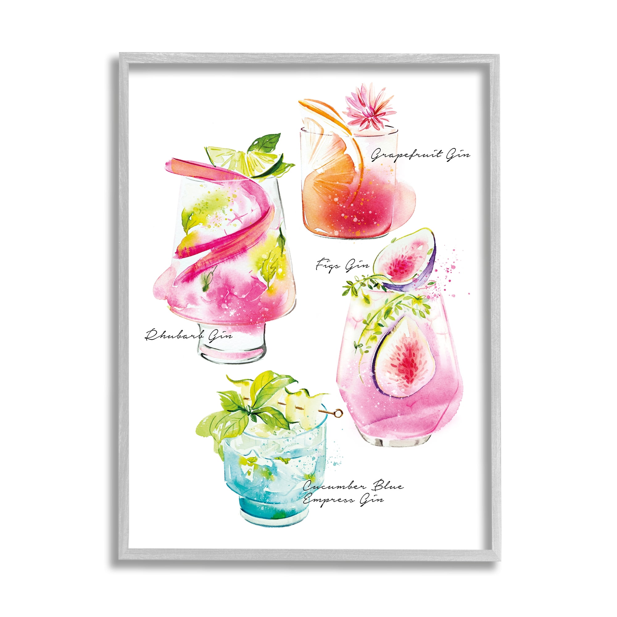 Stupell Industries Gin Cocktail Menu Food & Beverage Painting Gray Framed Art Print Wall Art, 11 x 14