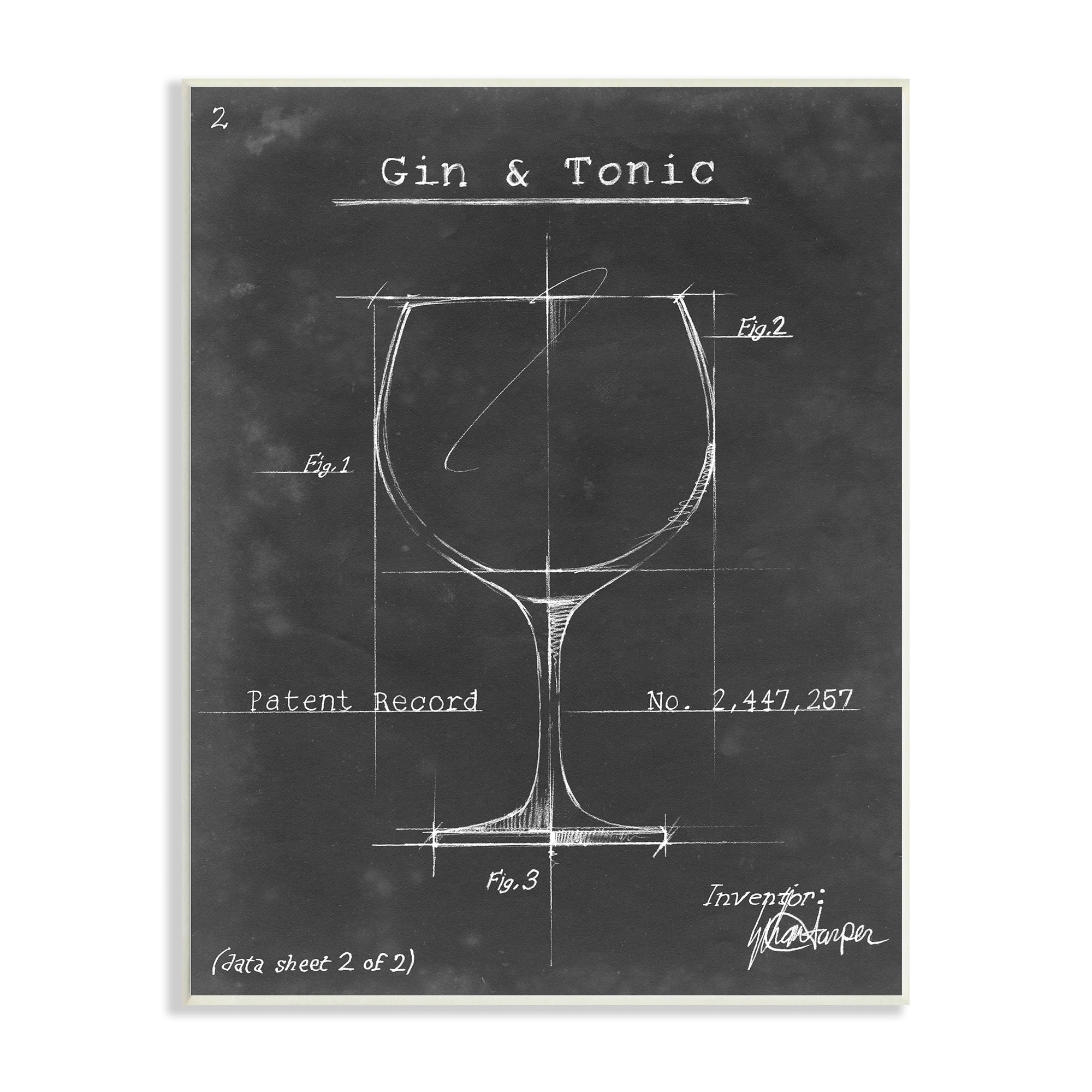 Stupell Industries Gin & Tonic Cocktail Wineglass Blueprint Diagram Design Wood Wall Art, 13 x 19, Design by Ethan Harper