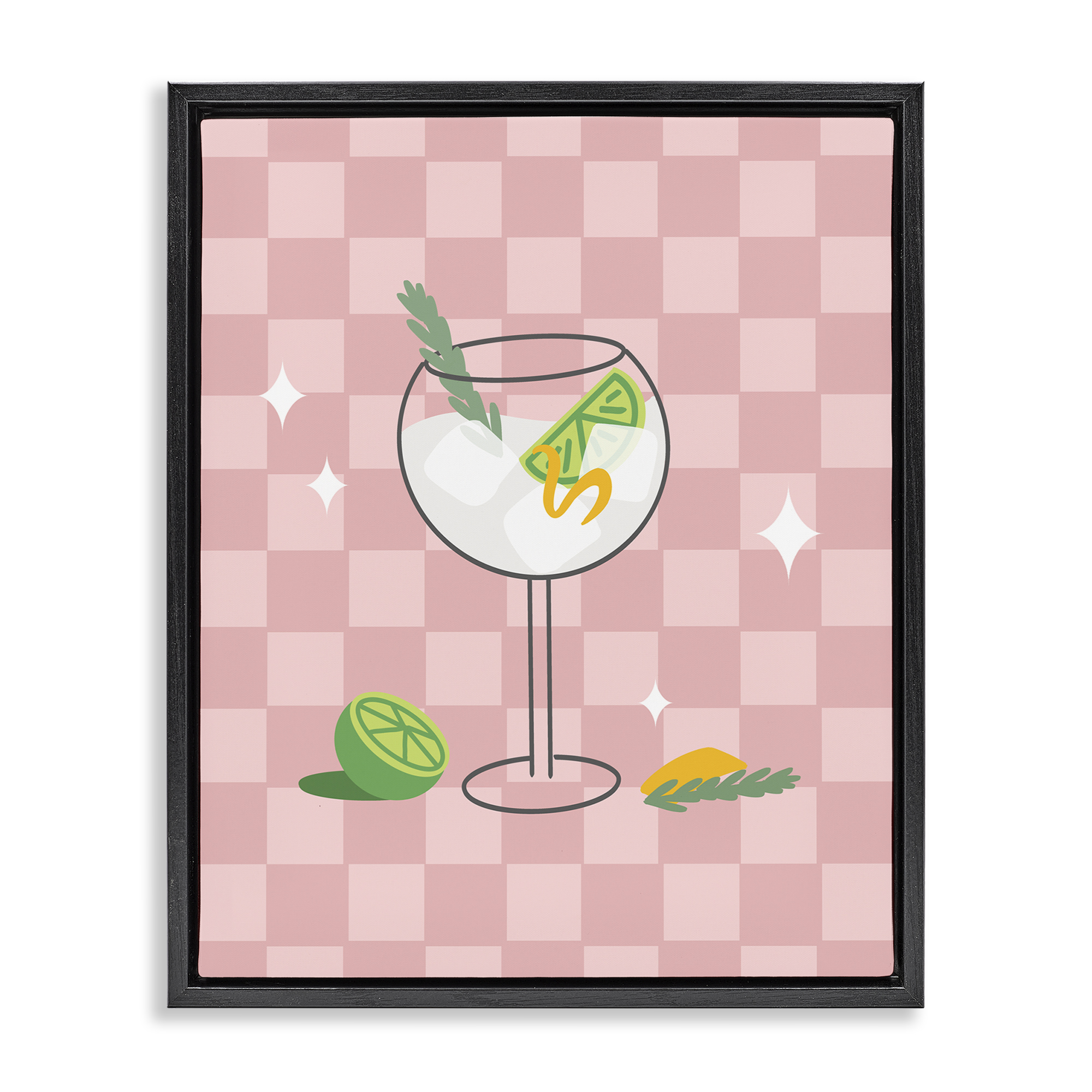 Stupell Industries Gin & Tonic on Checkered Food & Beverage Painting Black Floater Framed Canvas Art Print Wall Art, 25 x 31
