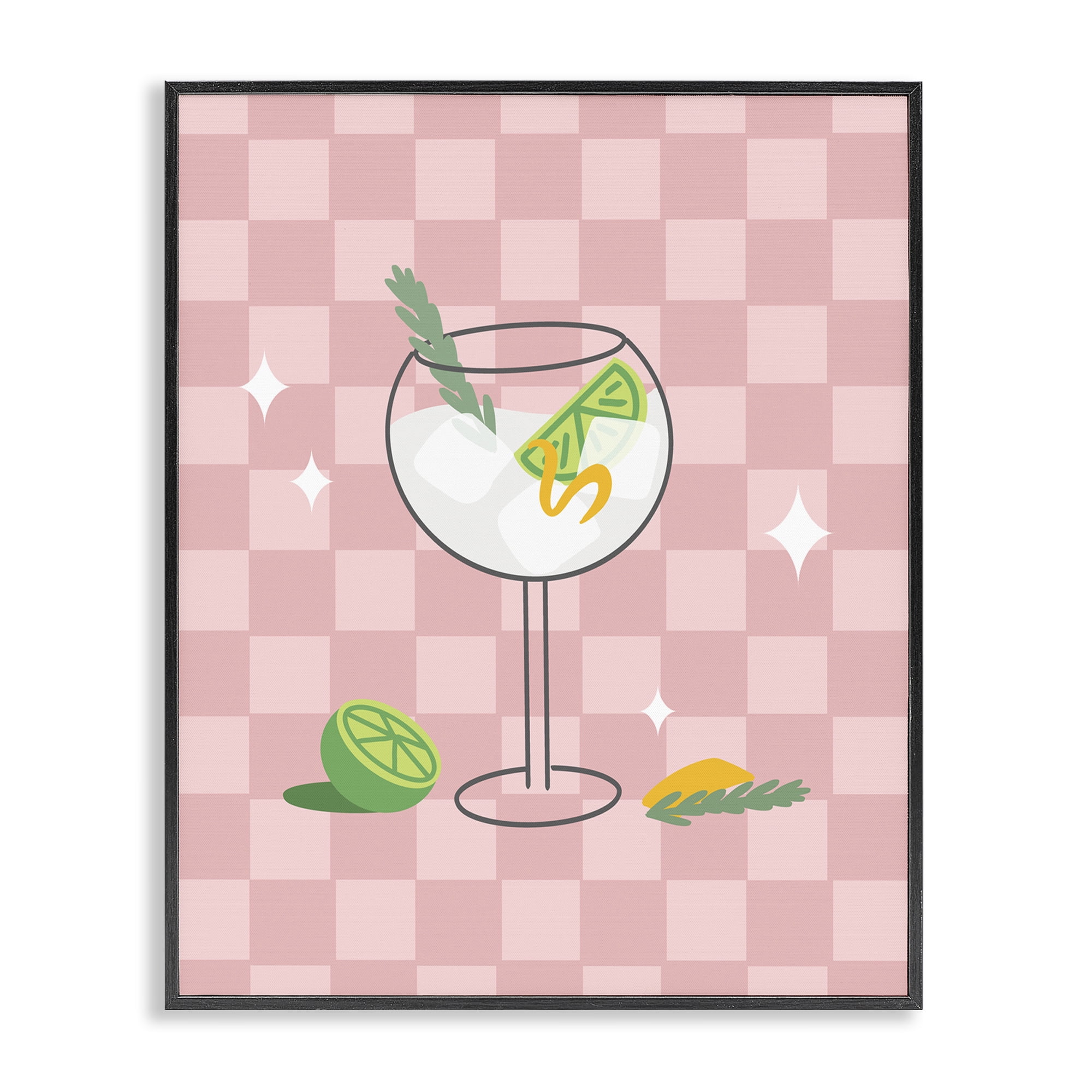 Stupell Industries Gin & Tonic on Checkered Food & Beverage Painting Black Framed Art Print Wall Art, 24 x 30