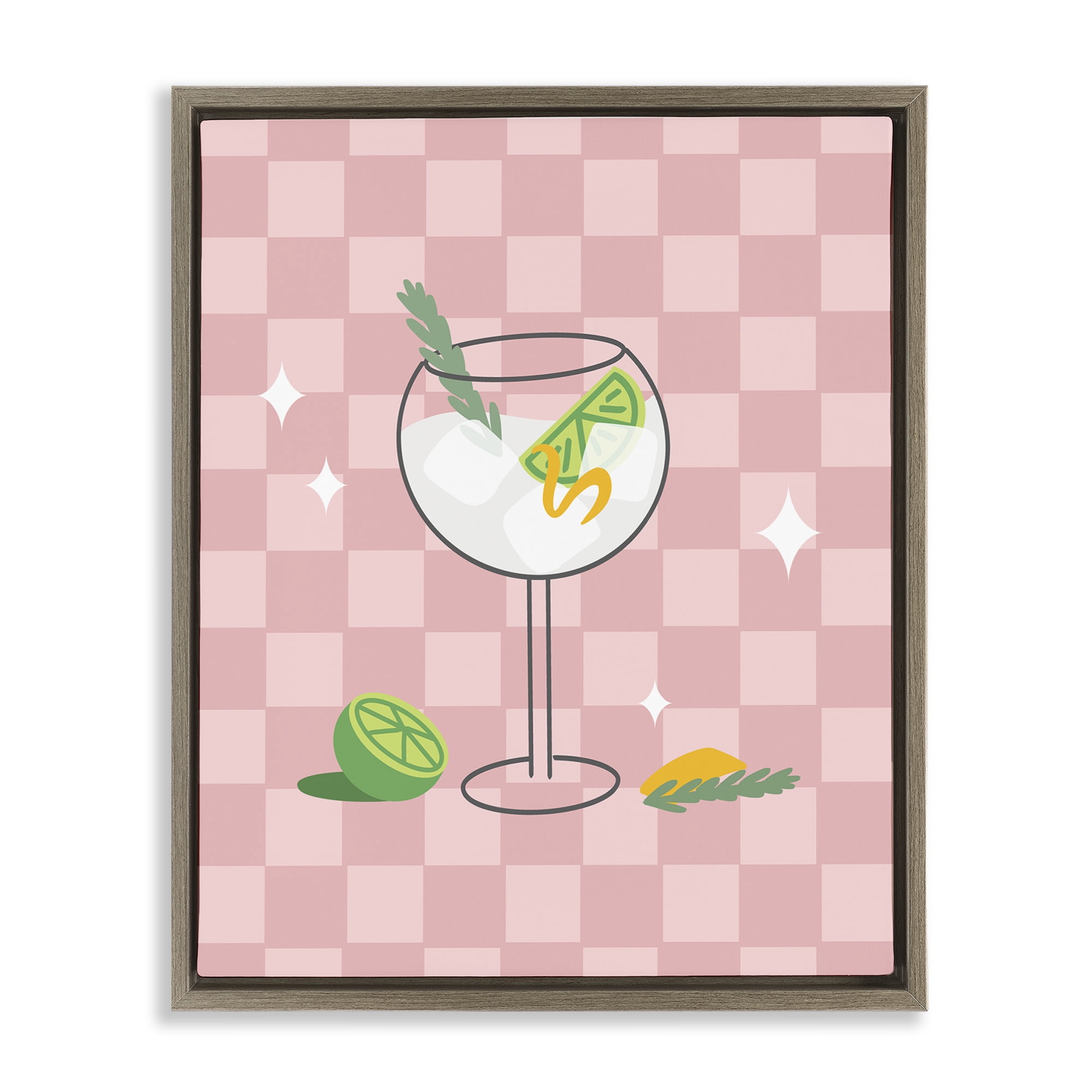 Stupell Industries Gin & Tonic on Checkered Food & Beverage Painting Brown Floater Framed Canvas Art Print Wall Art, 17 x 21