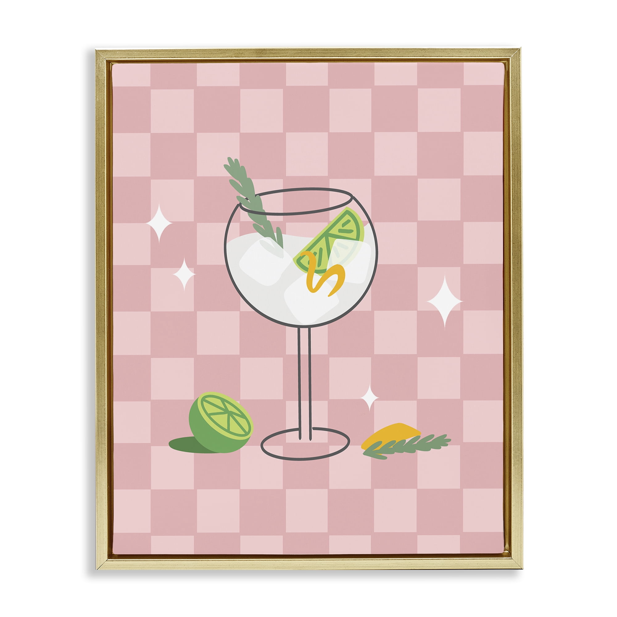Stupell Industries Gin & Tonic on Checkered Food & Beverage Painting Gold Floater Framed Canvas Art Print Wall Art, 25 x 31