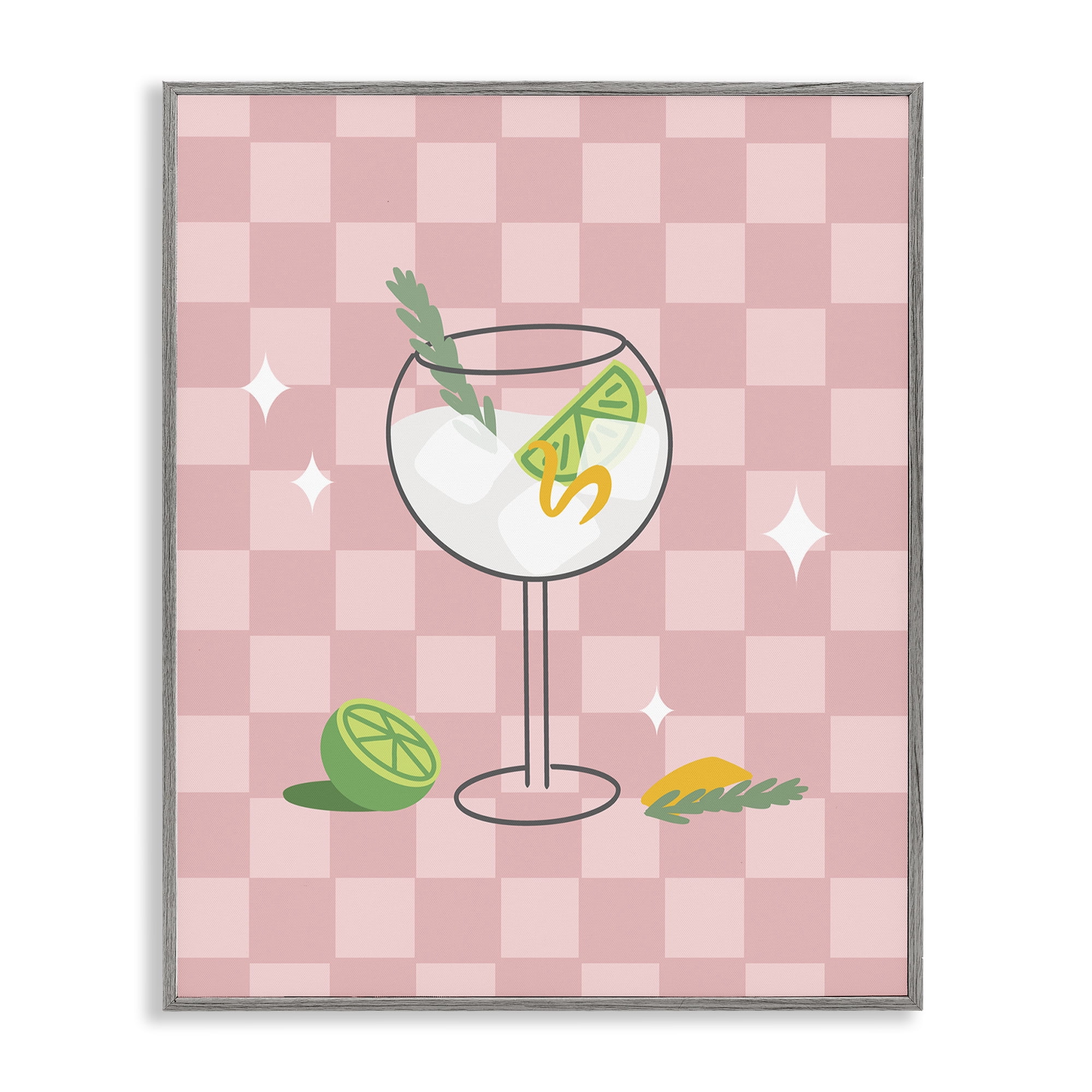 Stupell Industries Gin & Tonic on Checkered Food & Beverage Painting Gray Framed Art Print Wall Art, 16 x 20