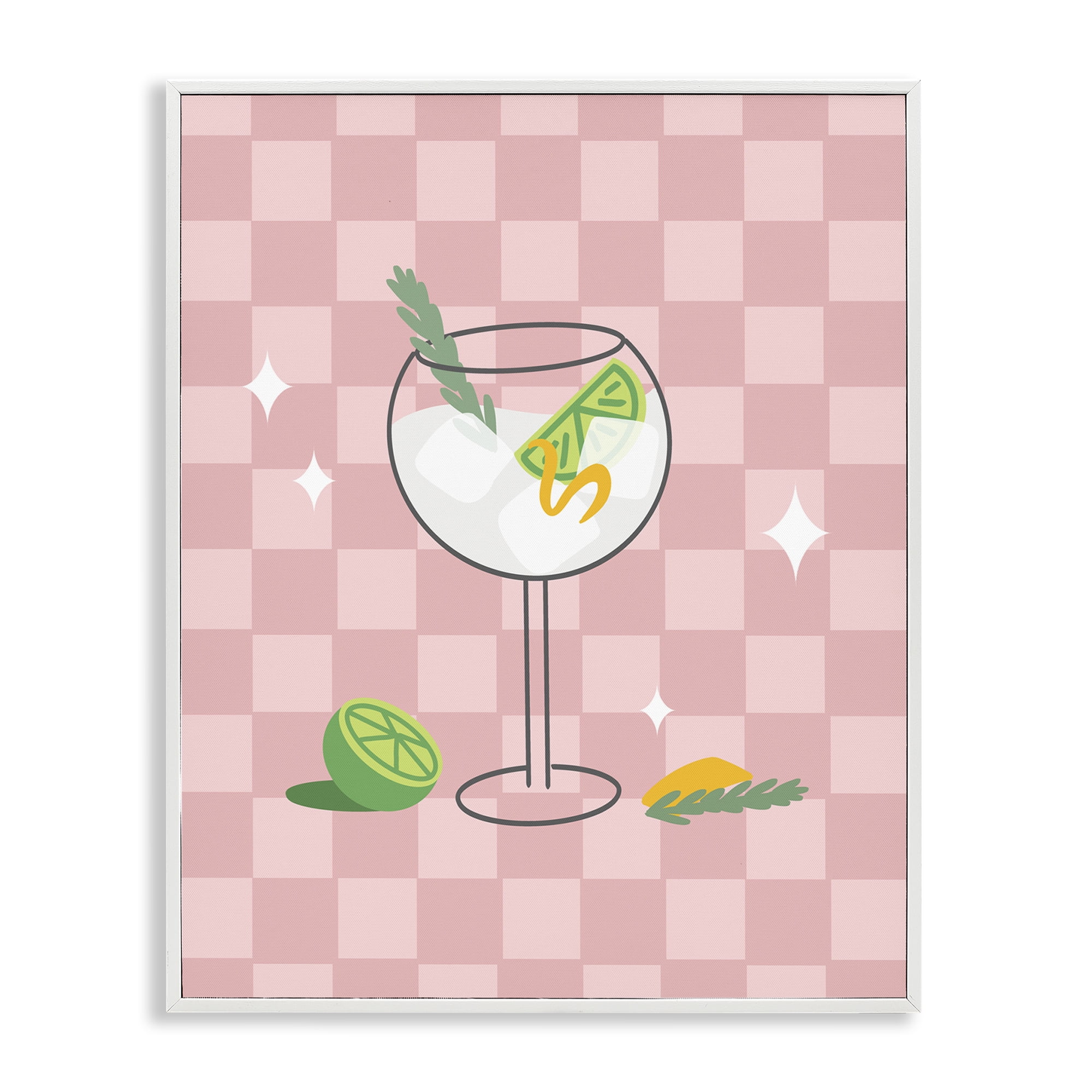 Stupell Industries Gin & Tonic on Checkered Food & Beverage Painting White Framed Art Print Wall Art, 16 x 20