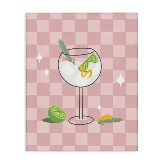 Stupell Industries Gin & Tonic on Checkered Food & Beverage Painting Wrapped Canvas Art Print Wall Art, 24 x 30