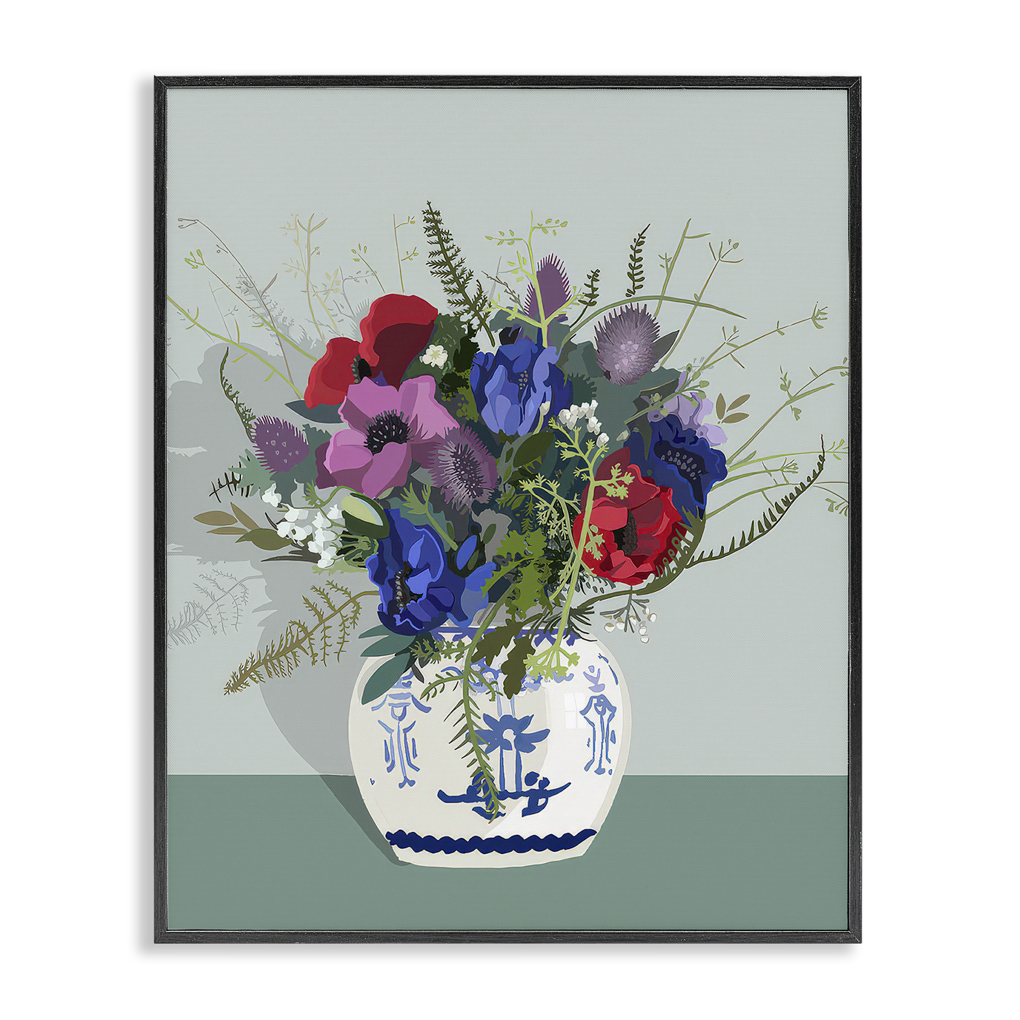 Stupell Industries Ginger Jar & Anemones Plants & Flowers Painting Black Framed Art Print Wall Art, 24 x 30