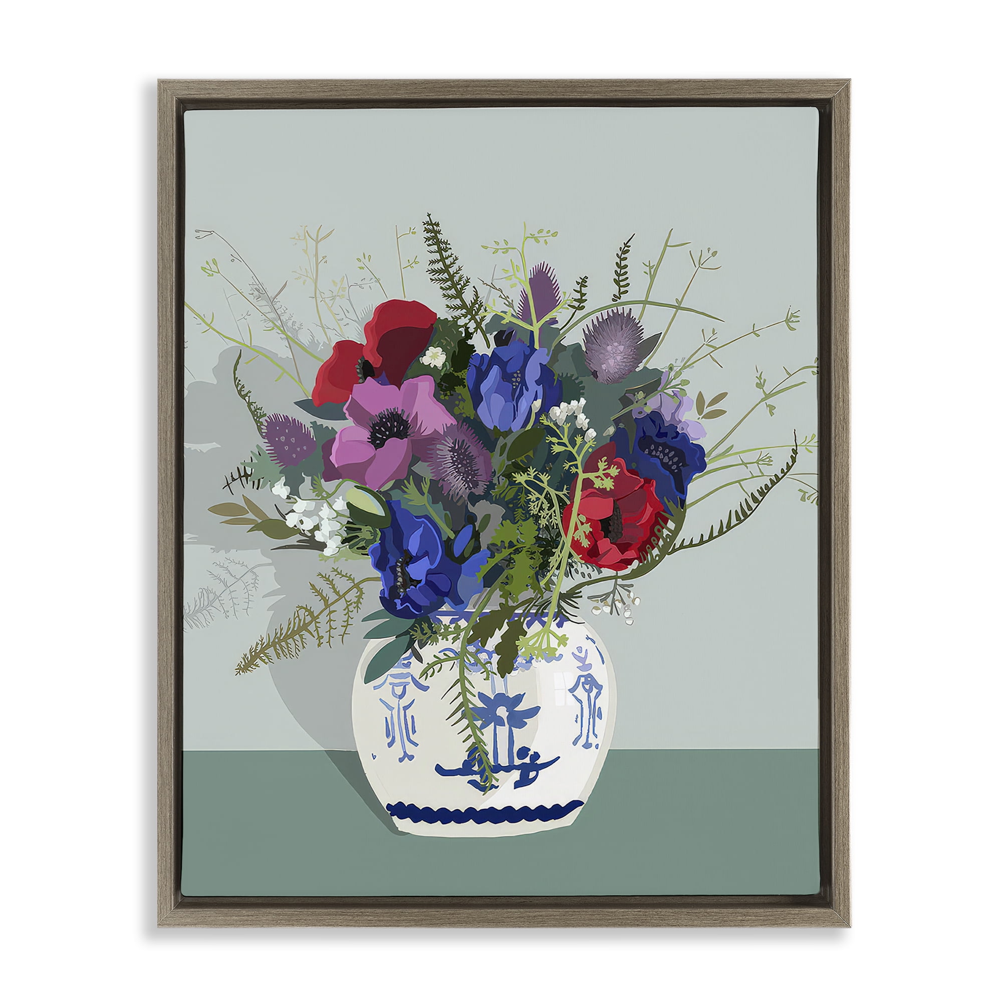 Stupell Industries Ginger Jar & Anemones Plants & Flowers Painting Brown Floater Framed Canvas Art Print Wall Art, 17 x 21