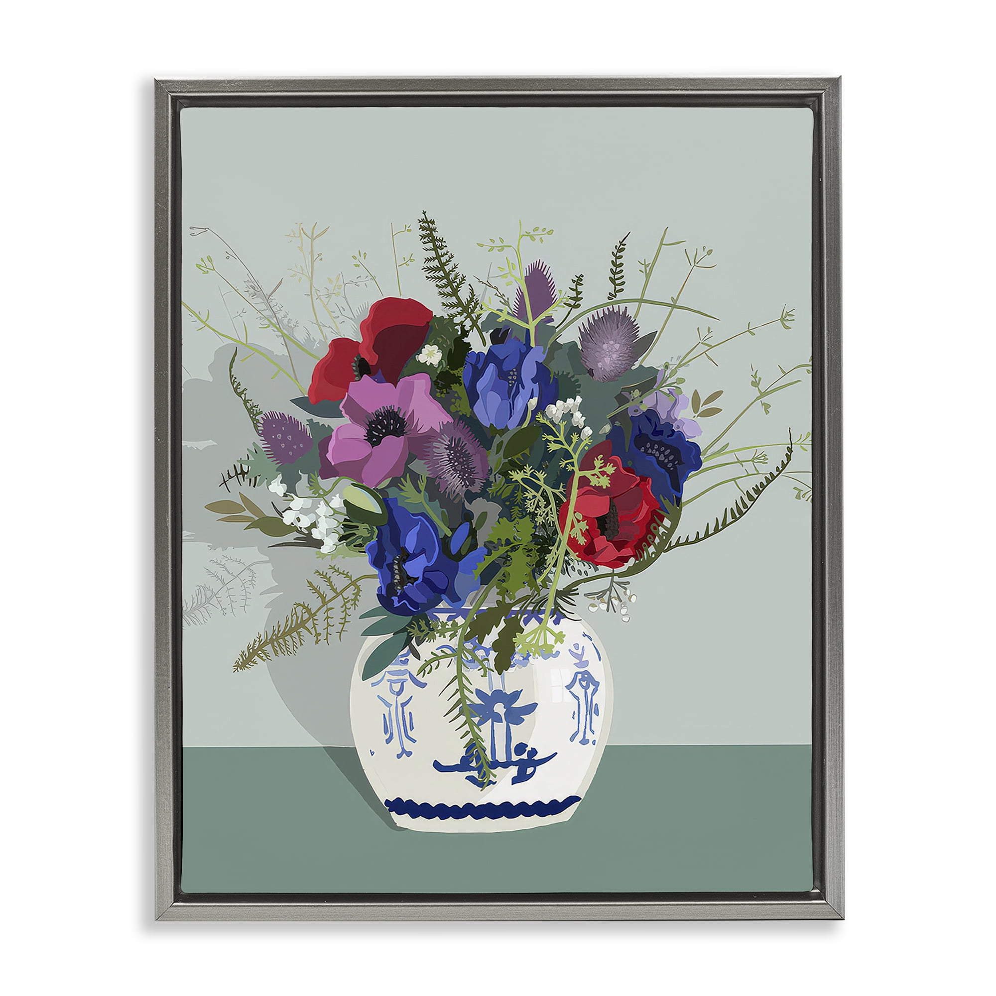 Stupell Industries Ginger Jar & Anemones Plants & Flowers Painting Gray Floater Framed Canvas Art Print Wall Art, 25 x 31