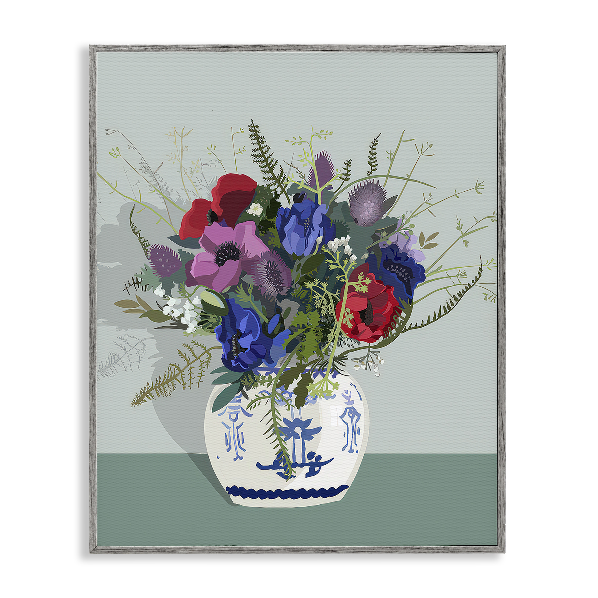 Stupell Industries Ginger Jar & Anemones Plants & Flowers Painting Gray Framed Art Print Wall Art, 24 x 30