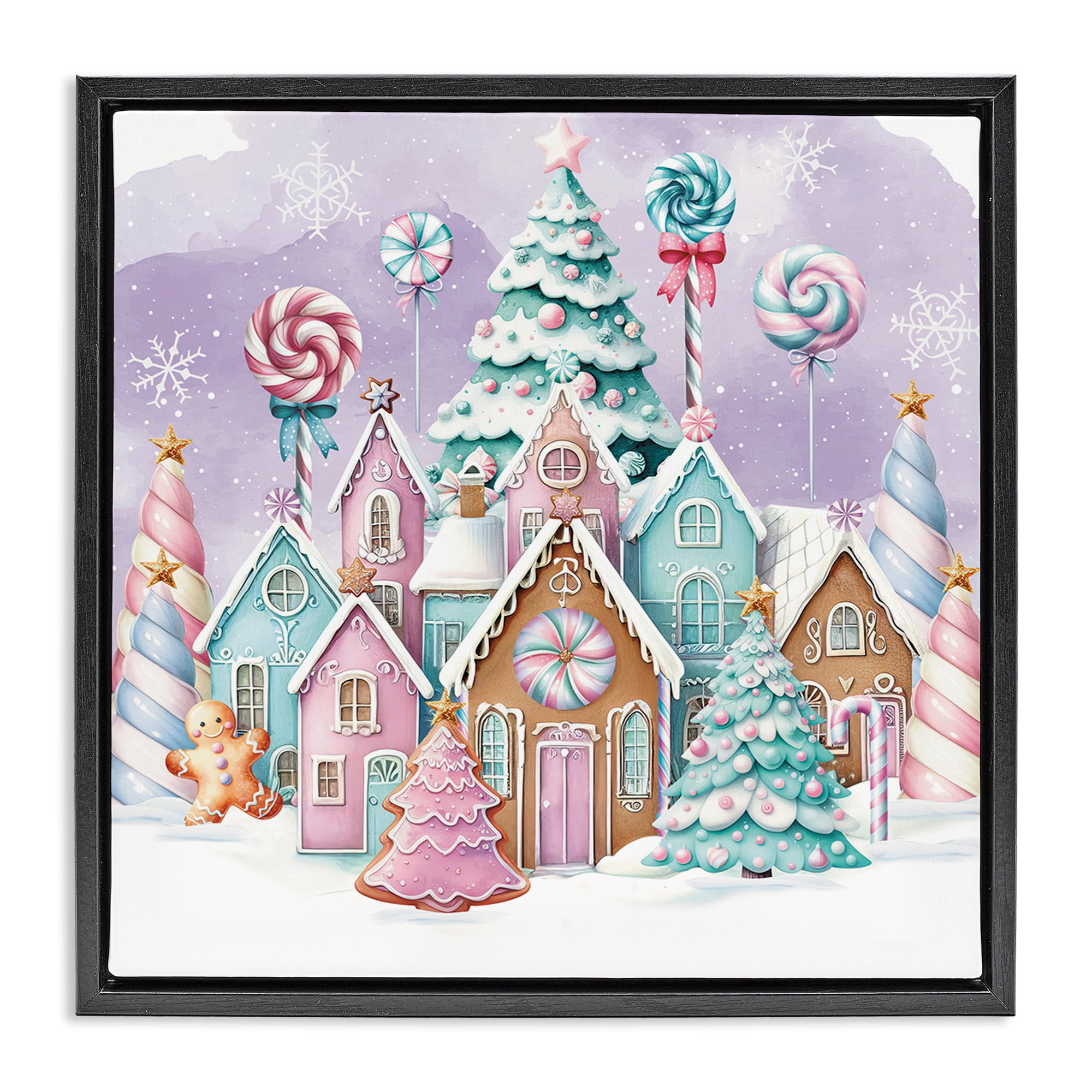 Stupell Industries Gingerbread Candy Town Holiday Painting Black Floater Framed Canvas Art Prints Wall Art, 25 x 25