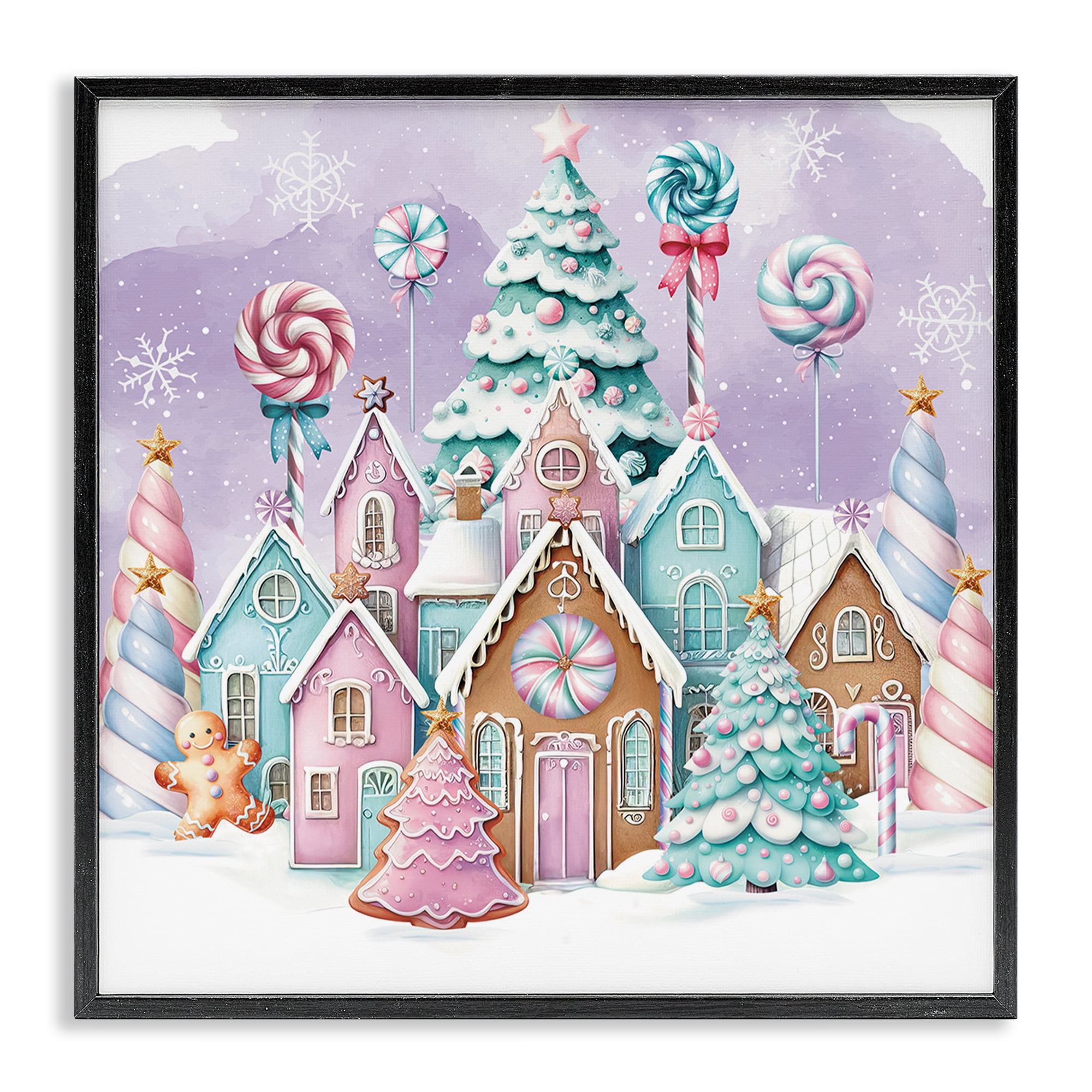 Stupell Industries Gingerbread Candy Town Holiday Painting Black Framed Art Prints Wall Art, 12 x 12