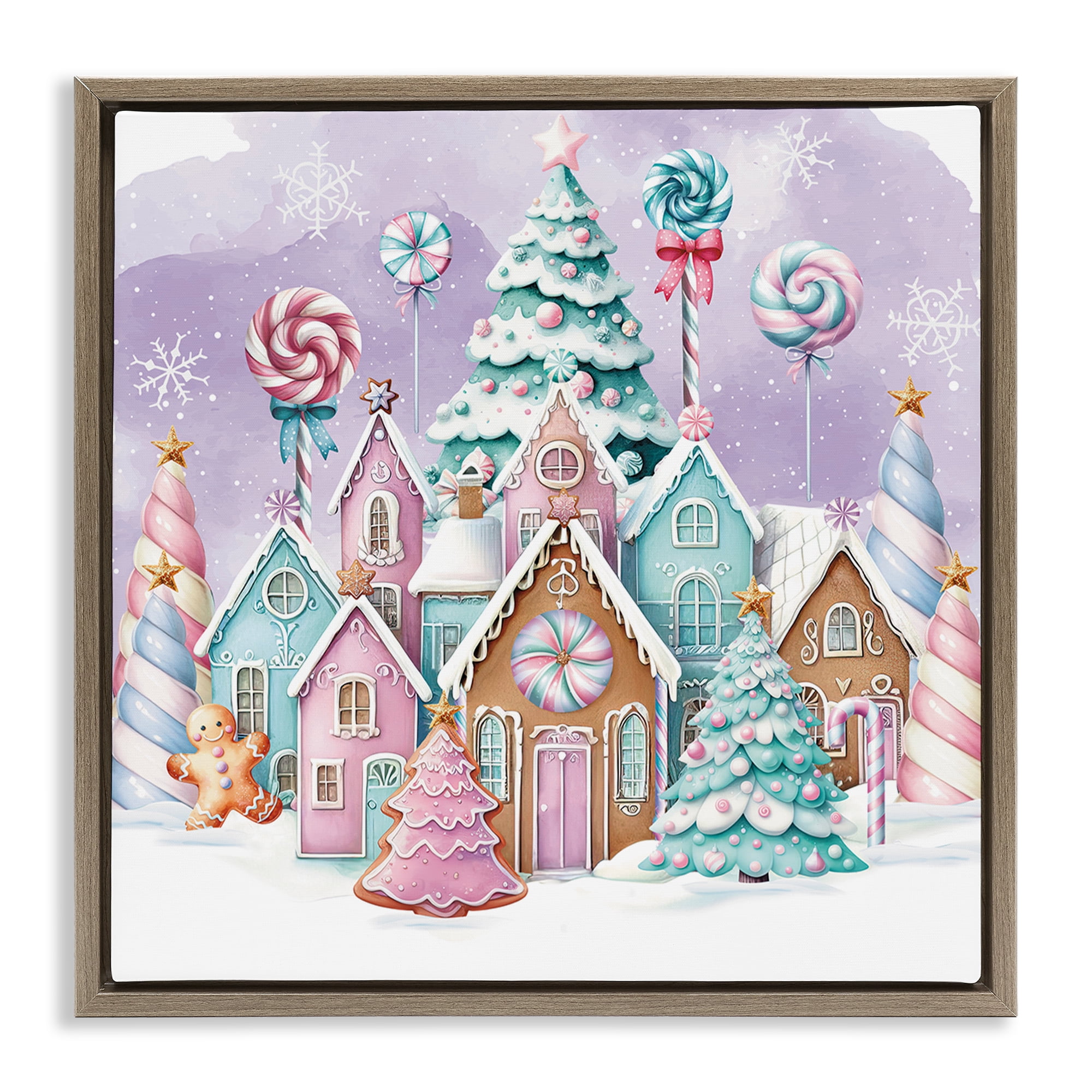 Stupell Industries Gingerbread Candy Town Holiday Painting Brown Floater Framed Canvas Art Prints Wall Art, 25 x 25