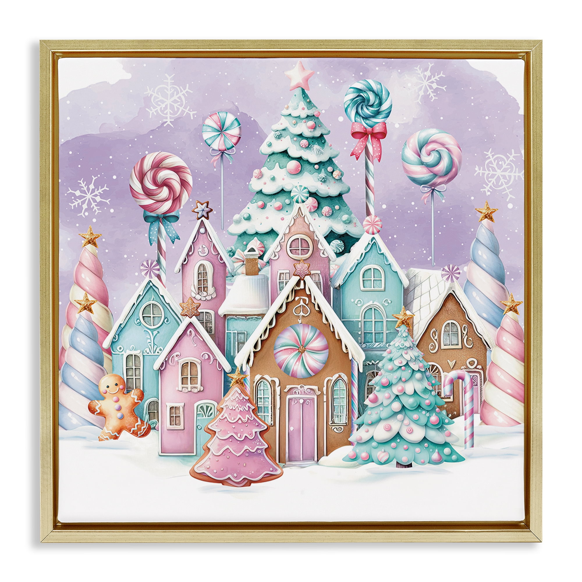 Stupell Industries Gingerbread Candy Town Holiday Painting Gold Floater Framed Canvas Art Prints Wall Art, 18 x 18