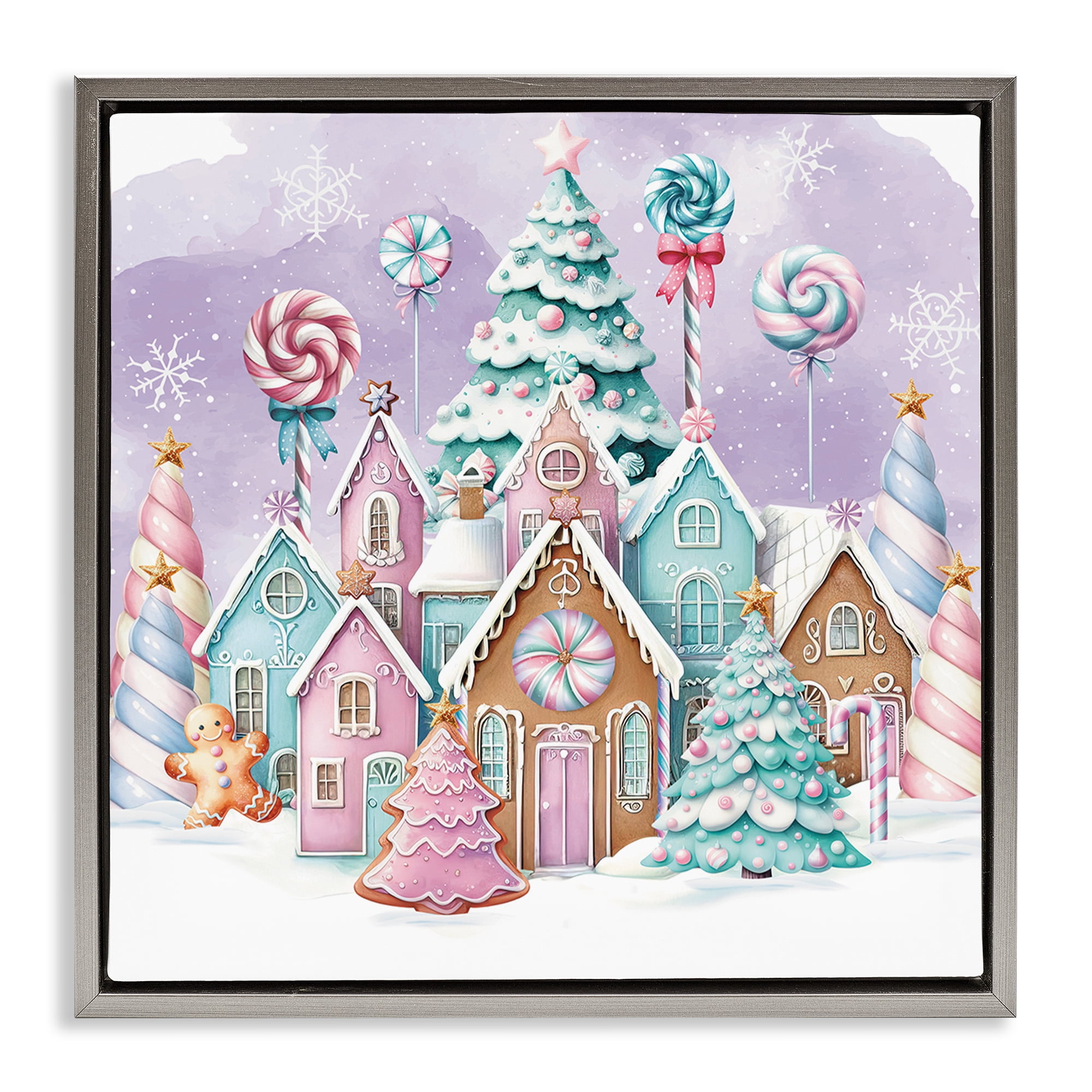 Stupell Industries Gingerbread Candy Town Holiday Painting Gray Floater Framed Canvas Art Prints Wall Art, 25 x 25