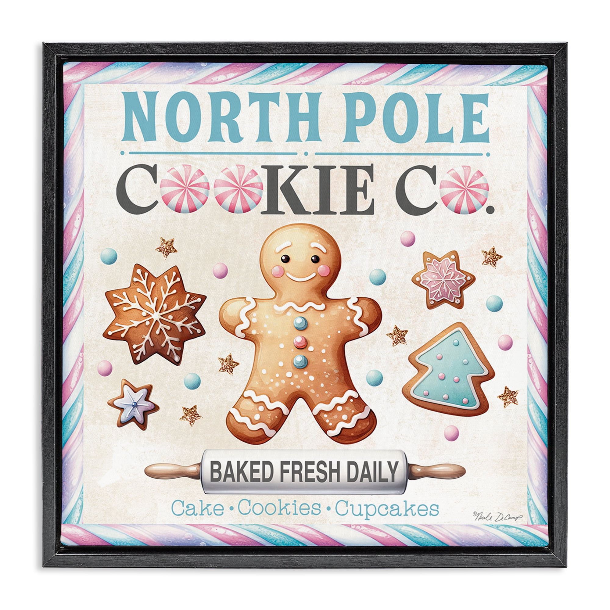 Stupell Industries Gingerbread Cookie Co Holiday Painting Black Floater Framed Canvas Art Prints Wall Art, 25 x 25