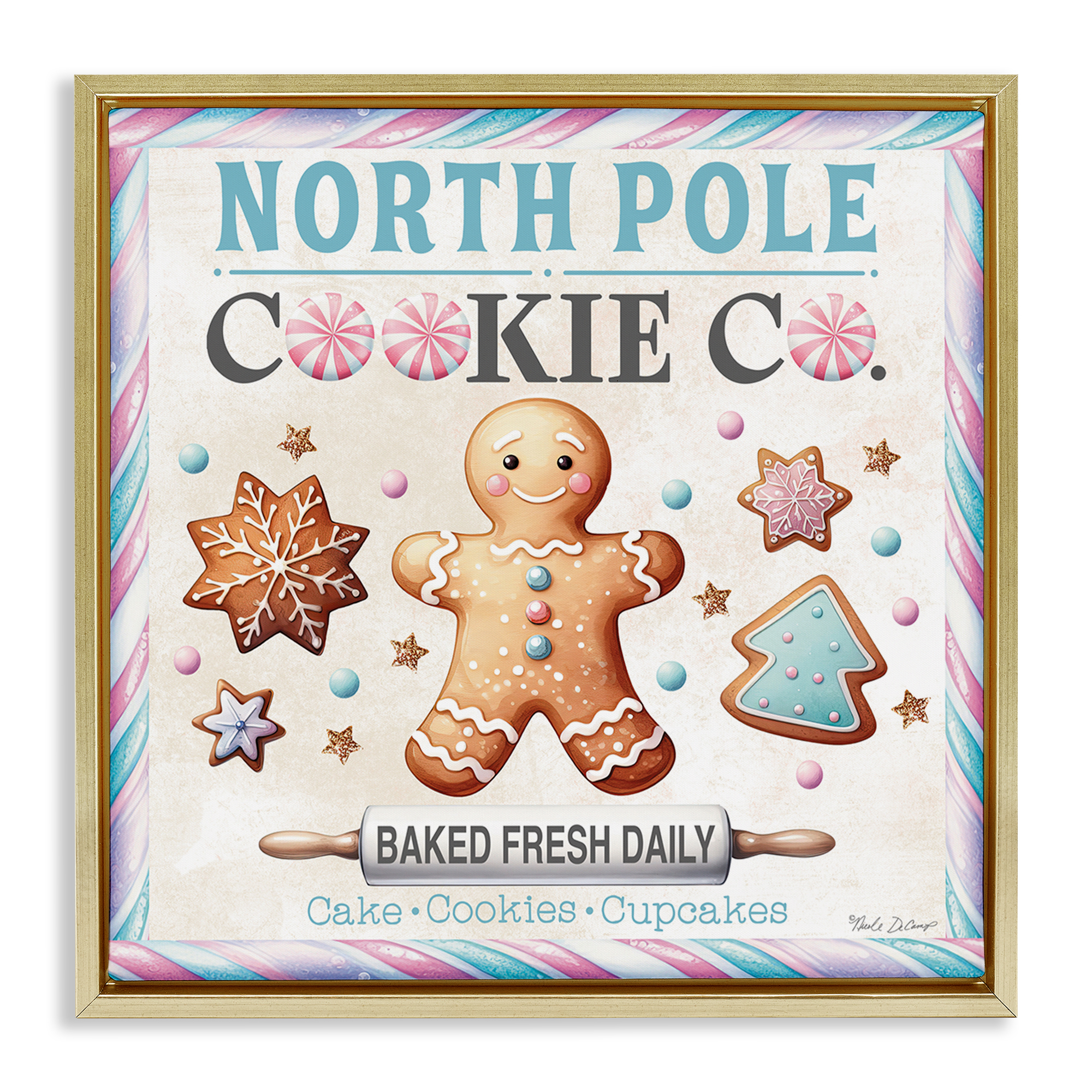Stupell Industries Gingerbread Cookie Co Holiday Painting Gold Floater Framed Canvas Art Prints Wall Art, 25 x 25