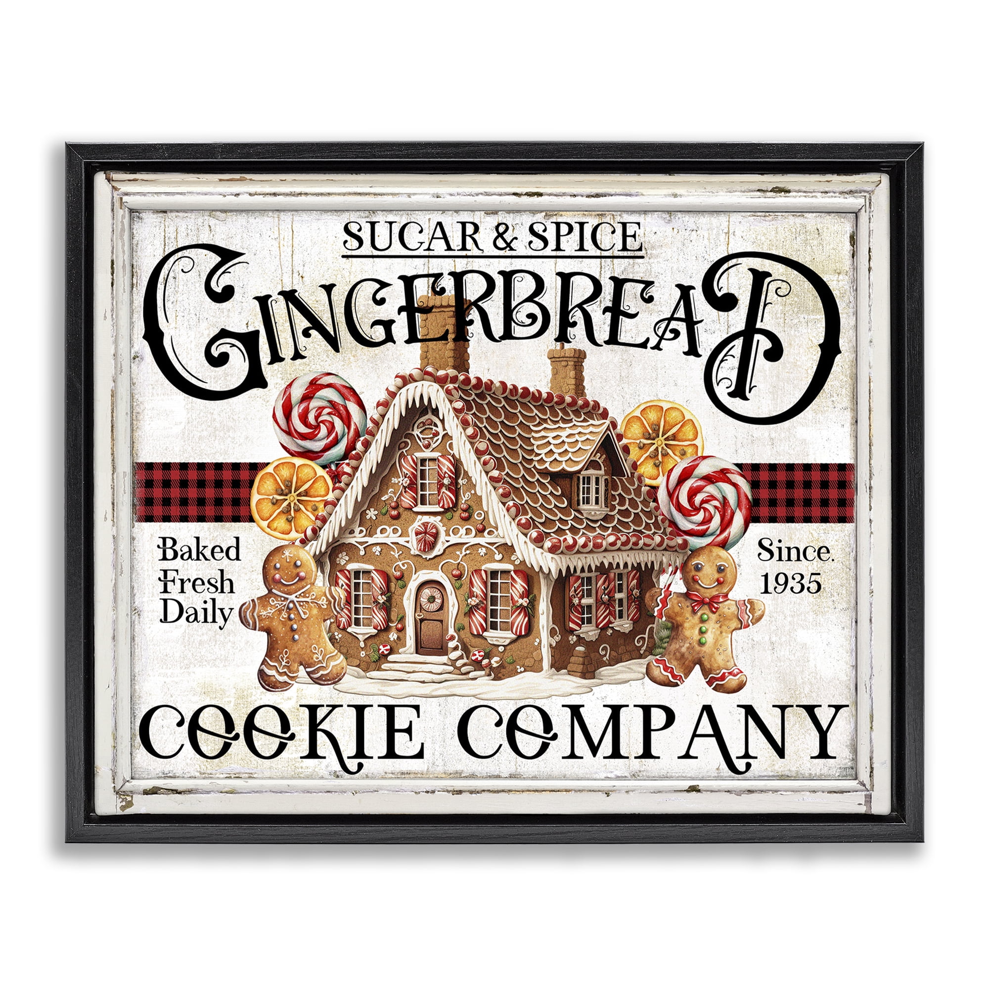 Stupell Industries Gingerbread Vintage Sign Holiday Painting Black Floater Framed Canvas Art Prints Wall Art, 31 x 25