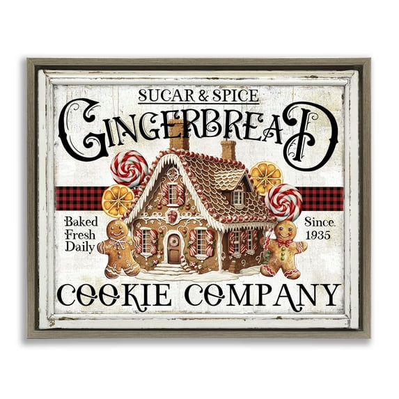Stupell Industries Gingerbread Vintage Sign Holiday Painting Brown Floater Framed Canvas Art Prints Wall Art, 21 x 17