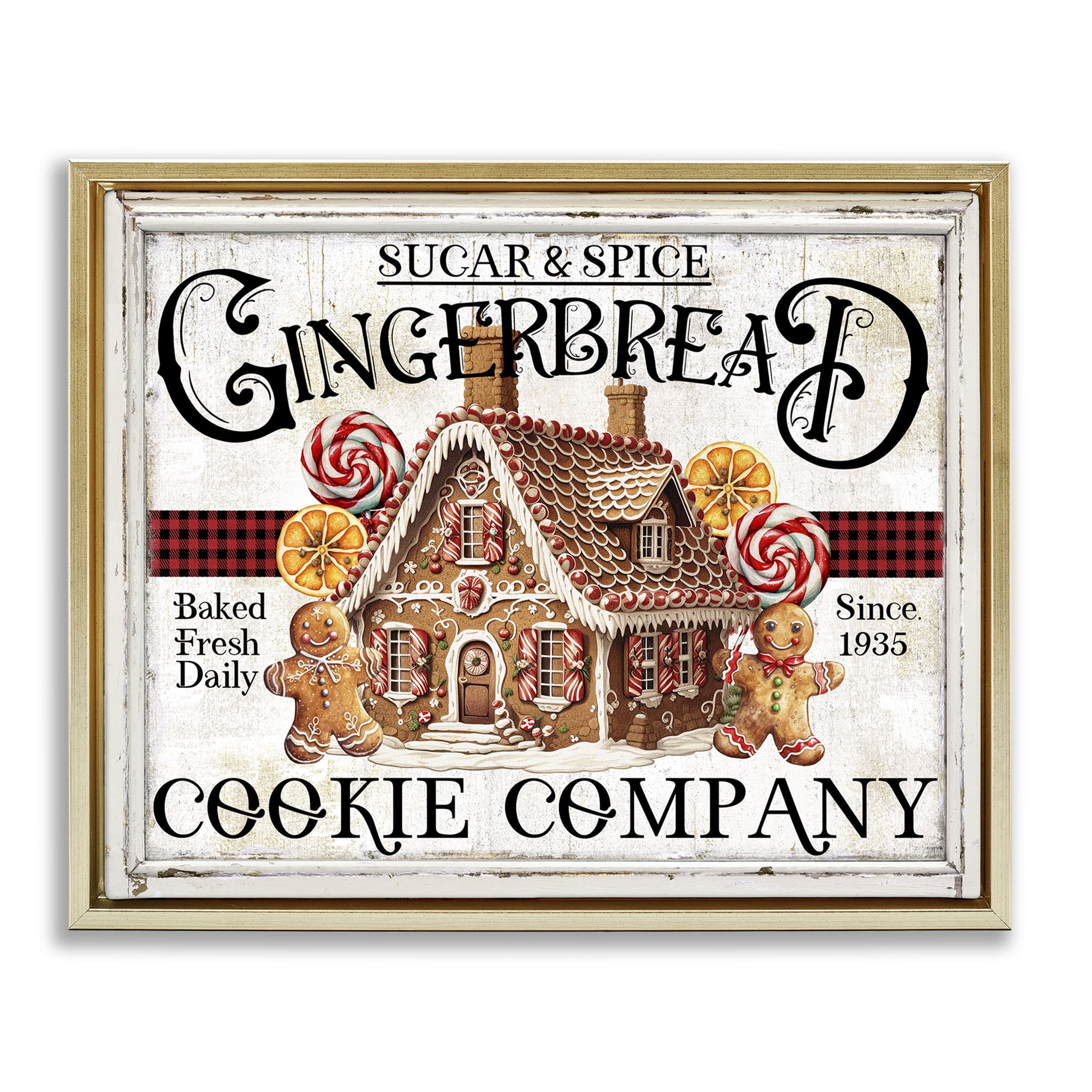 Stupell Industries Gingerbread Vintage Sign Holiday Painting Gold Floater Framed Canvas Art Prints Wall Art, 31 x 25